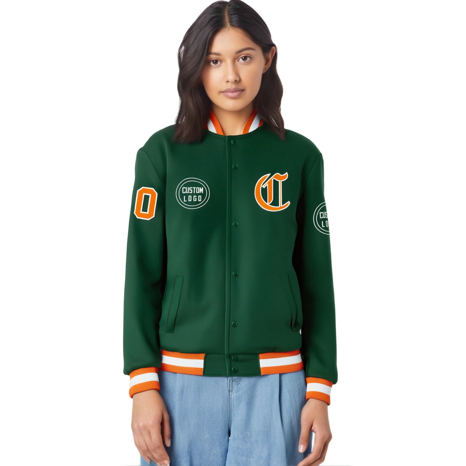 Custom Green Orange-White Bomber Full-Snap Varsity Letterman Jacket