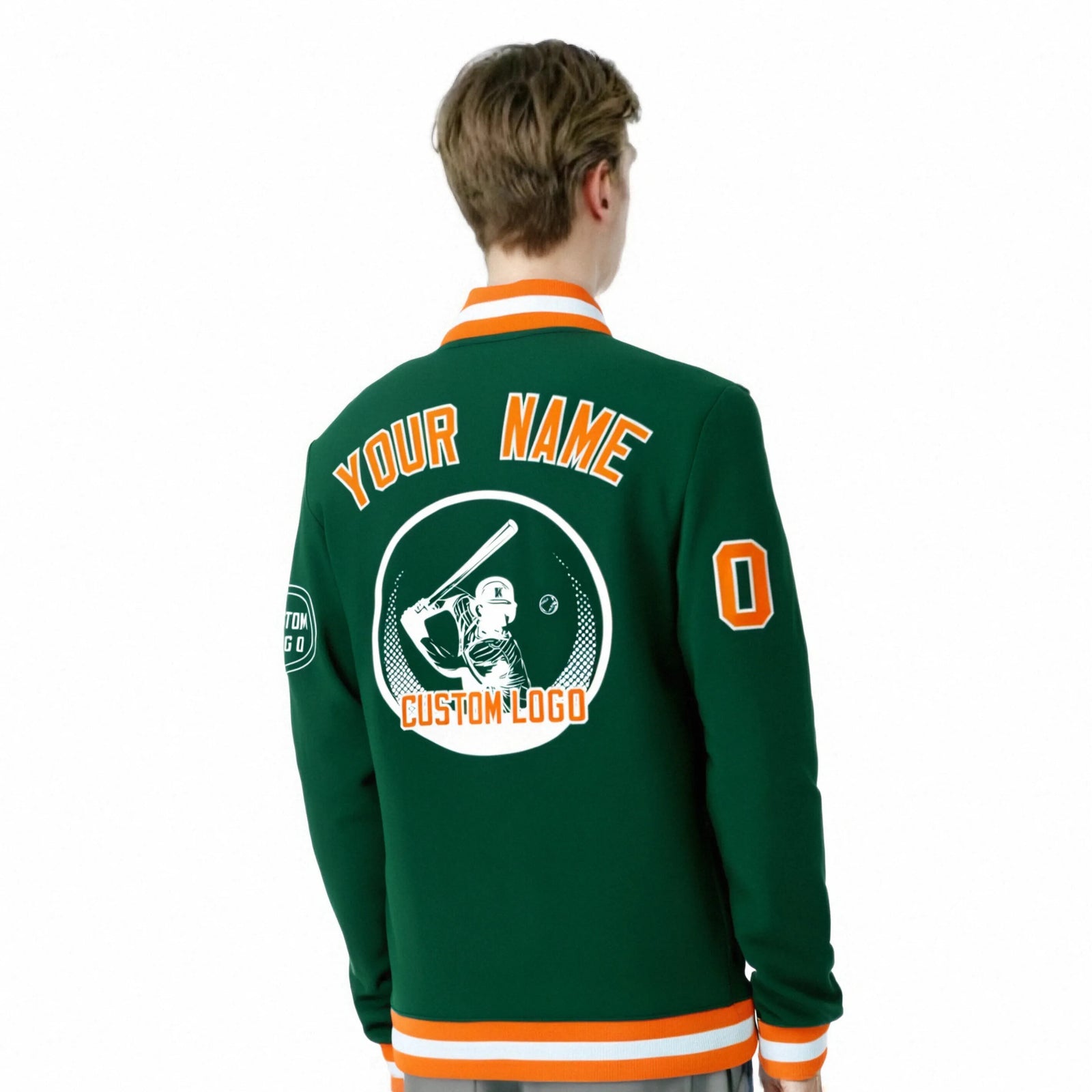 Custom Green Orange-White Bomber Full-Snap Varsity Letterman Jacket