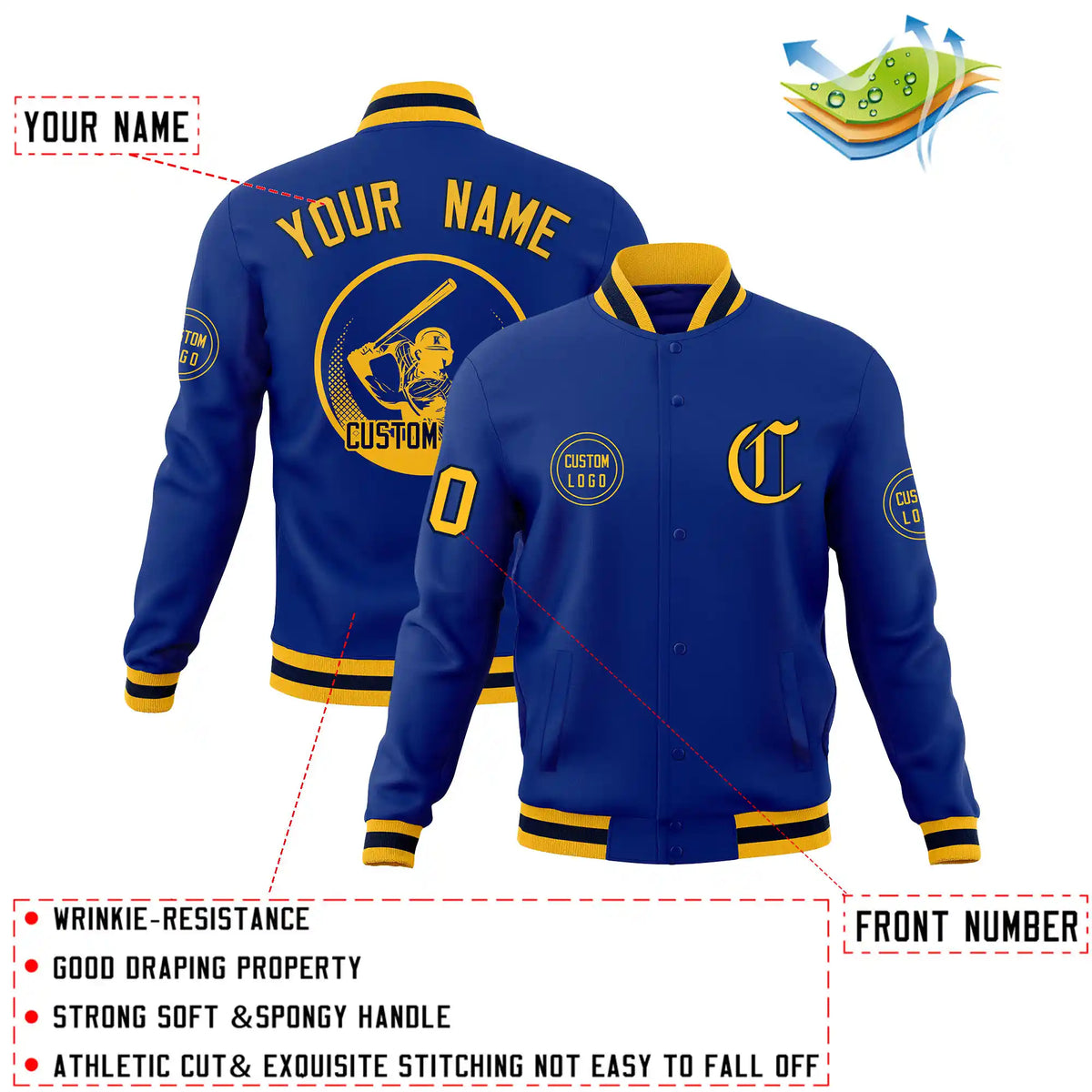 Custom Royal Blue Yellow-Black Bomber Full-Snap Varsity Letterman Jacket