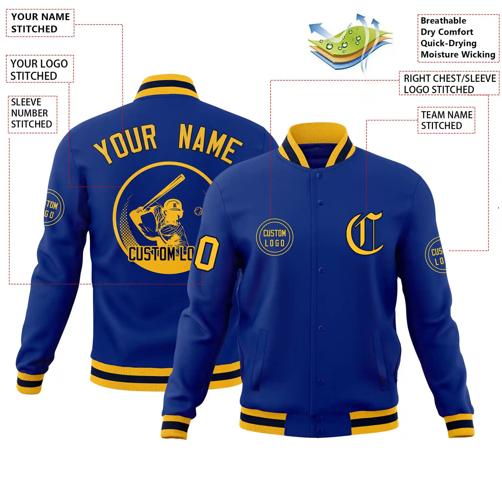 Custom Royal Blue Yellow-Black Bomber Full-Snap Varsity Letterman Jacket