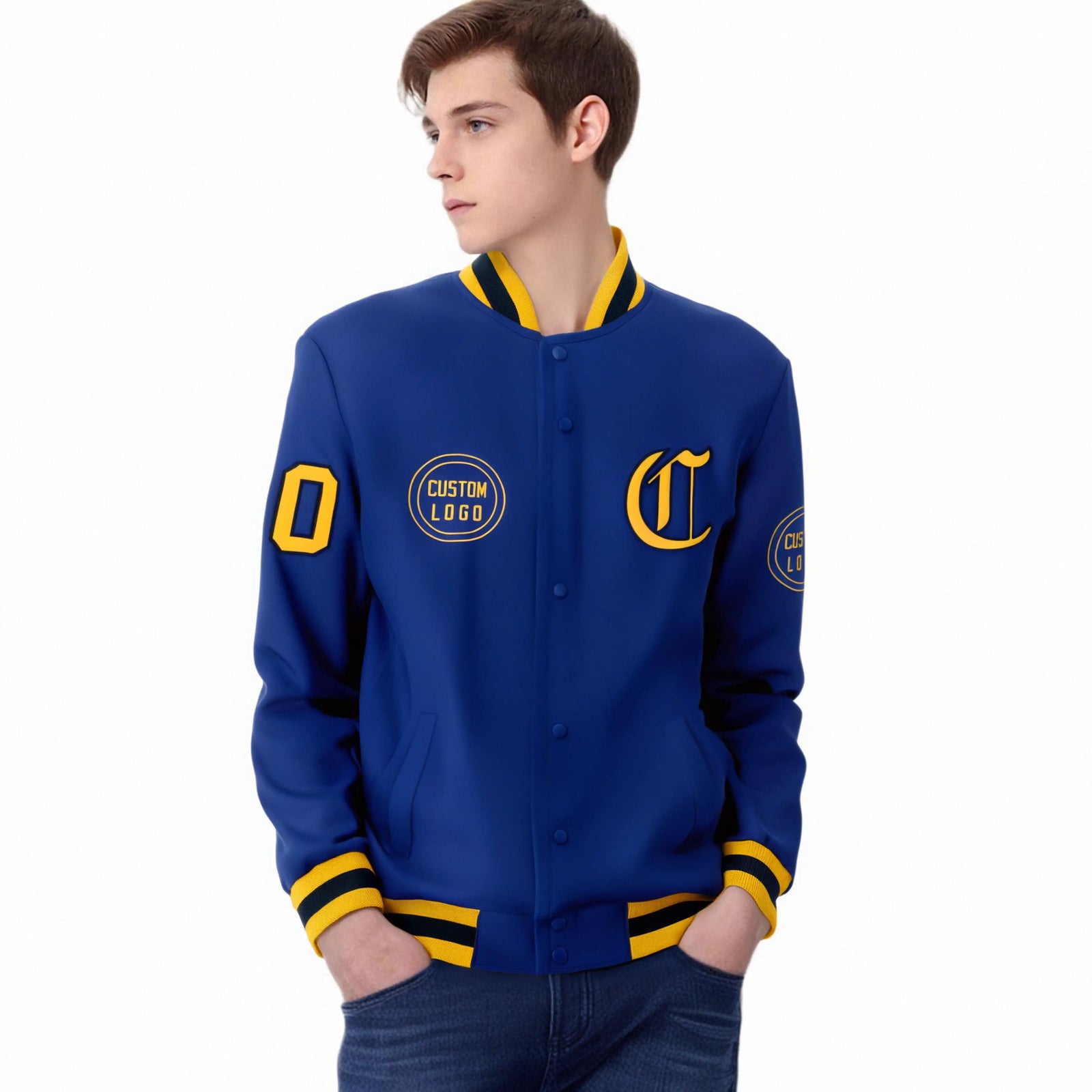 Custom Royal Blue Yellow-Black Bomber Full-Snap Varsity Letterman Jacket