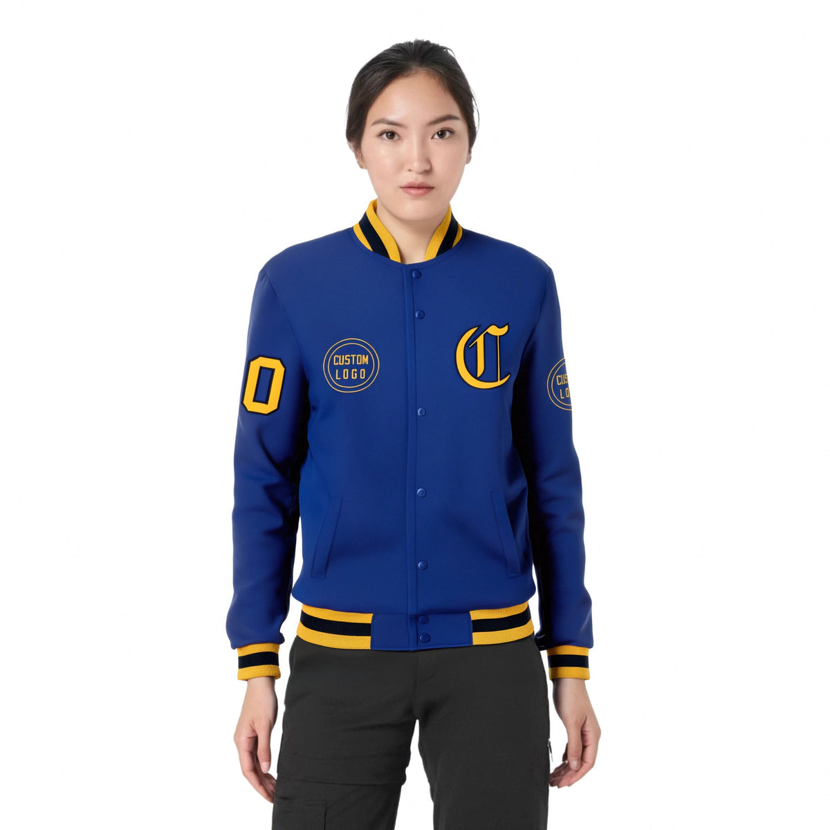 Custom Royal Blue Yellow-Black Bomber Full-Snap Varsity Letterman Jacket