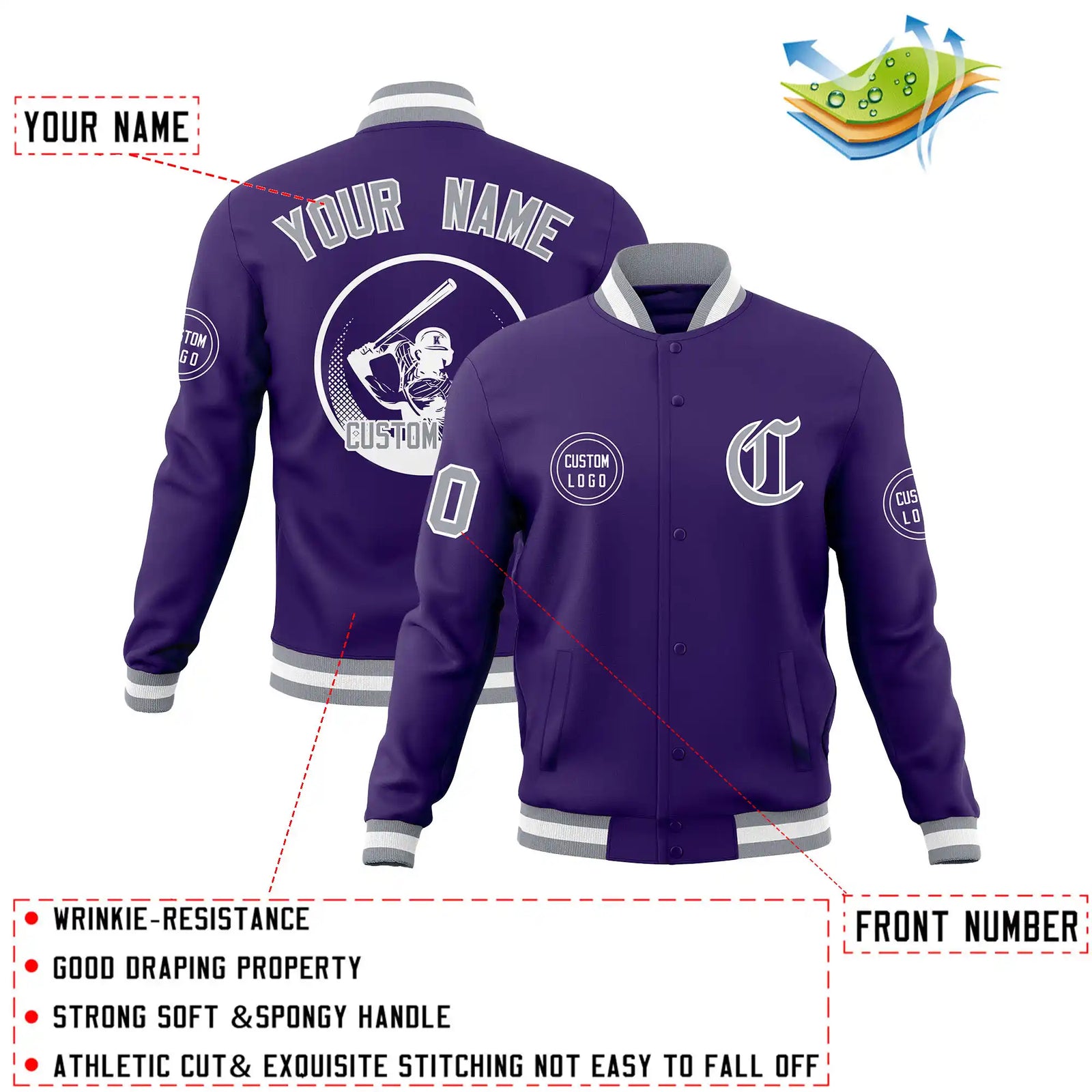Custom Purple Gray-White Bomber Full-Snap Varsity Letterman Jacket