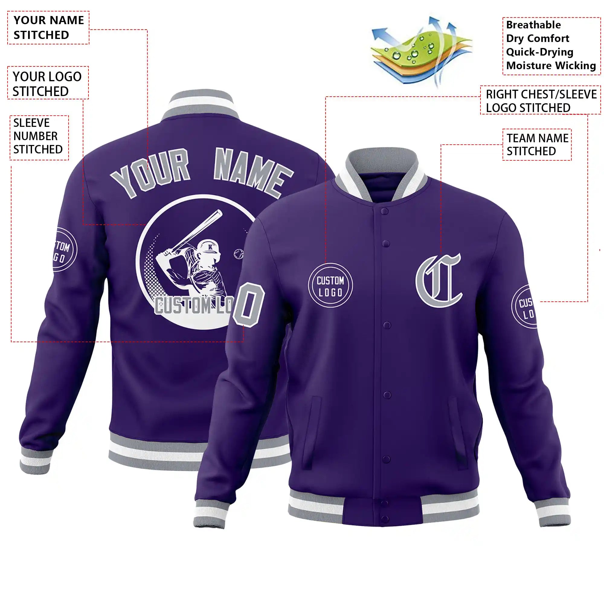 Custom Purple Gray-White Bomber Full-Snap Varsity Letterman Jacket