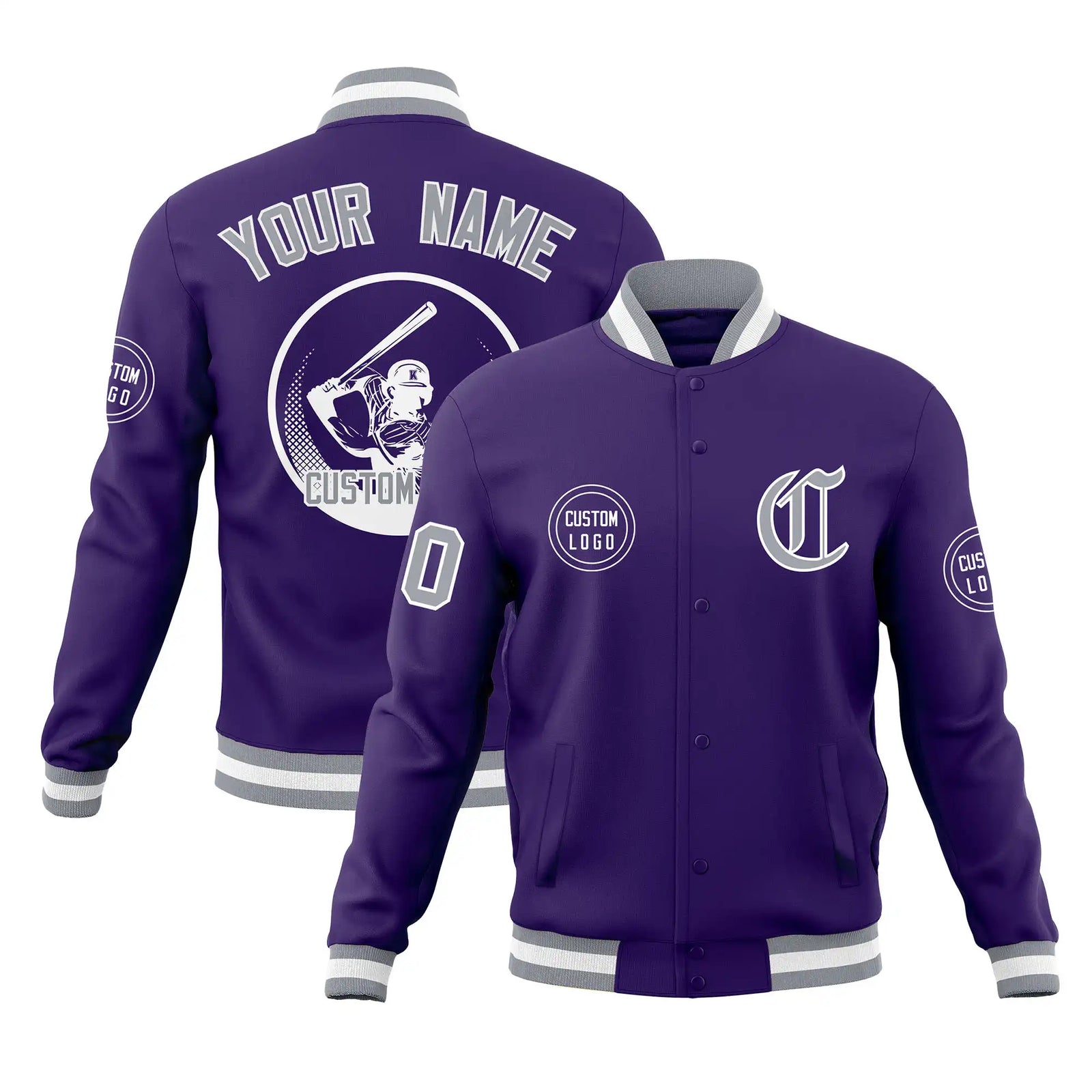 Custom Purple Gray-White Bomber Full-Snap Varsity Letterman Jacket