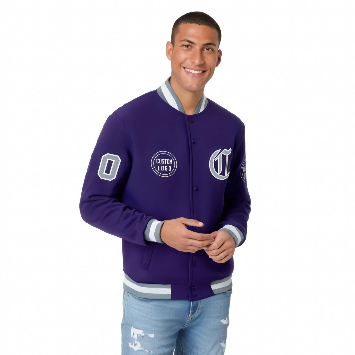 Custom Purple Gray-White Bomber Full-Snap Varsity Letterman Jacket