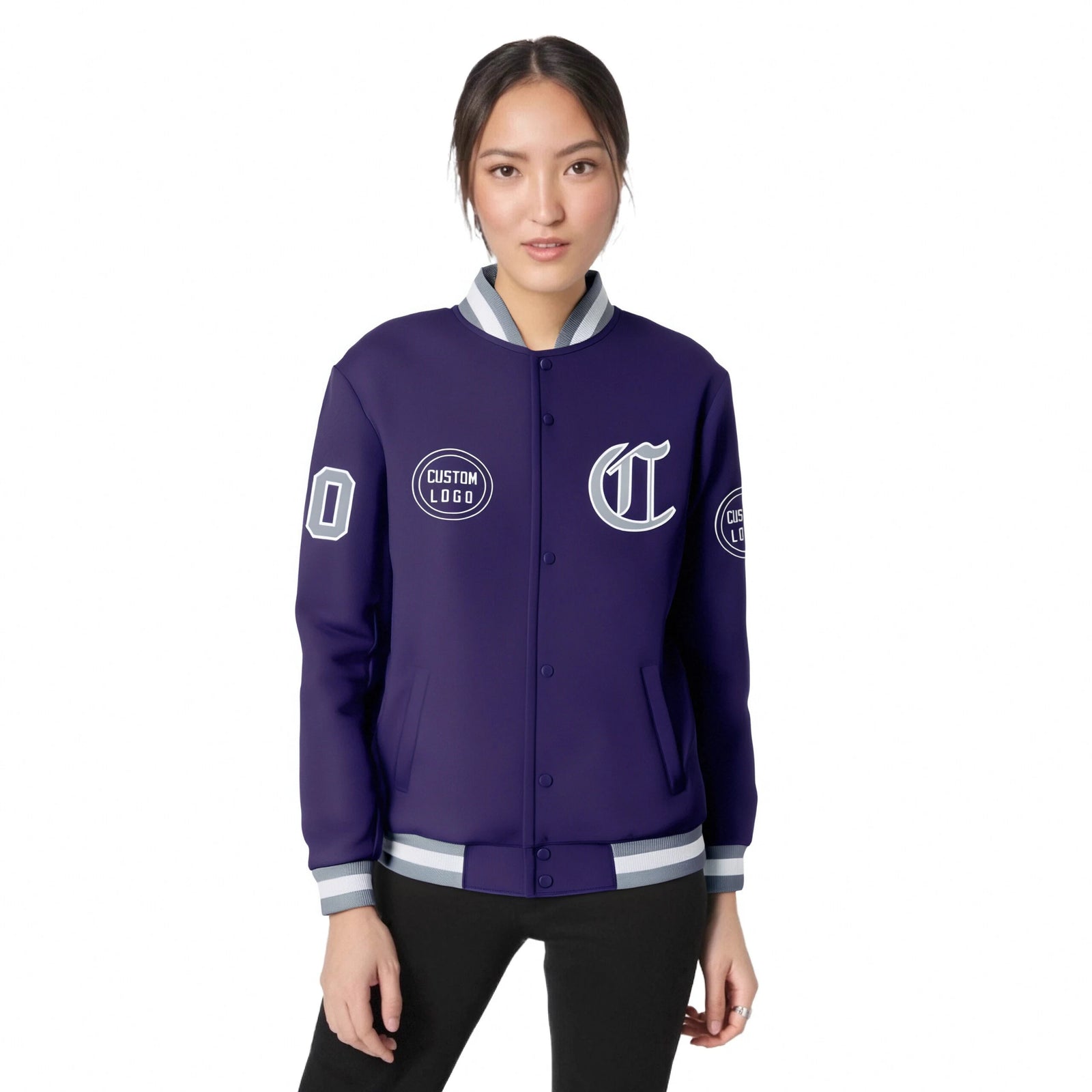 Custom Purple Gray-White Bomber Full-Snap Varsity Letterman Jacket