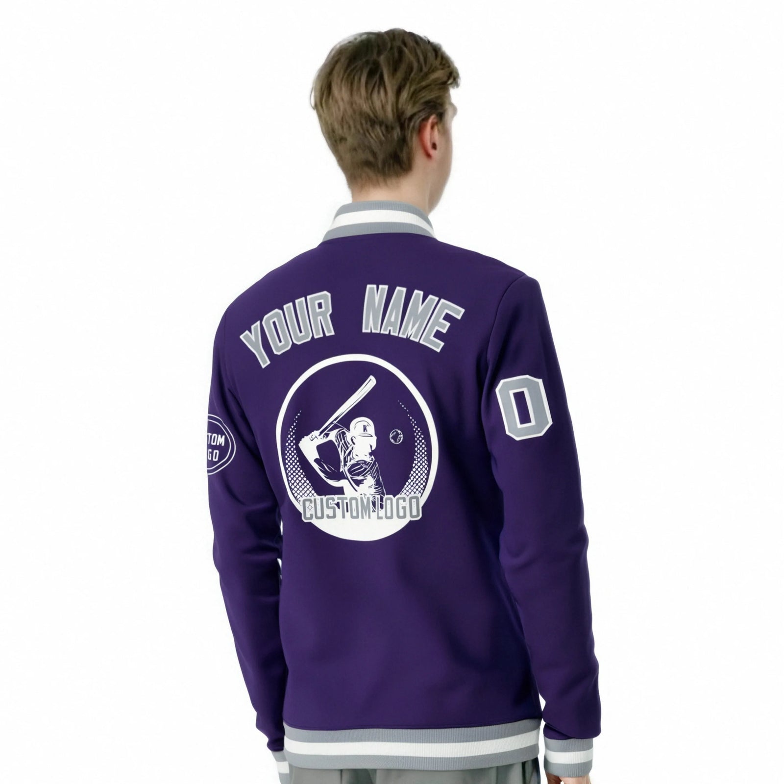 Custom Purple Gray-White Bomber Full-Snap Varsity Letterman Jacket
