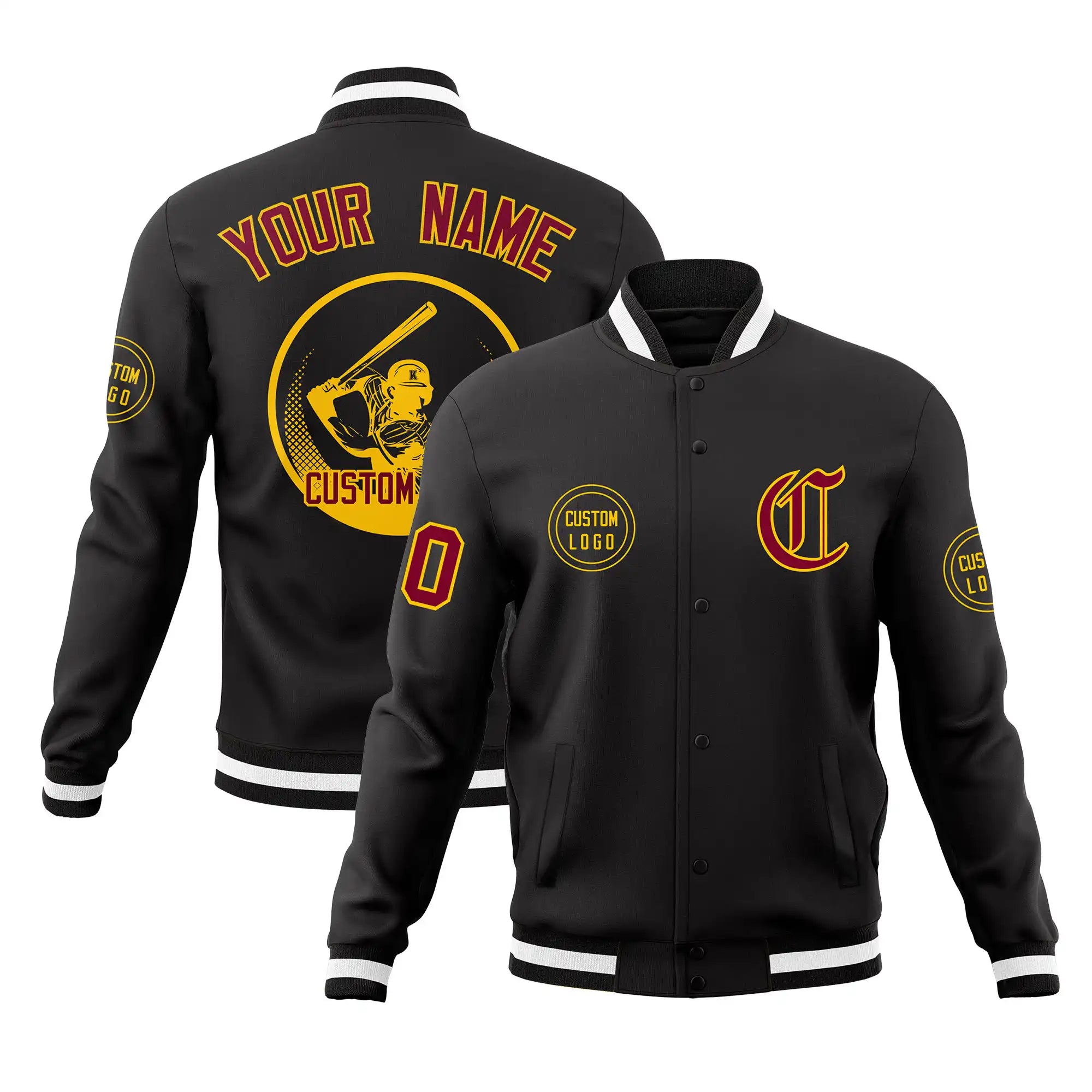 Custom Black Black-White Bomber Full-Snap Varsity Letterman Jacket