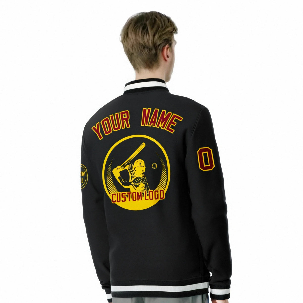 Custom Black Black-White Bomber Full-Snap Varsity Letterman Jacket