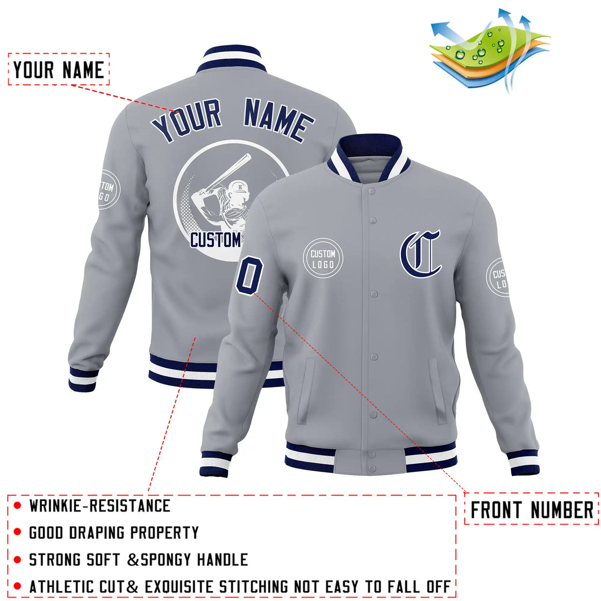 Custom Gray Navy-White Bomber Full-Snap Varsity Letterman Jacket