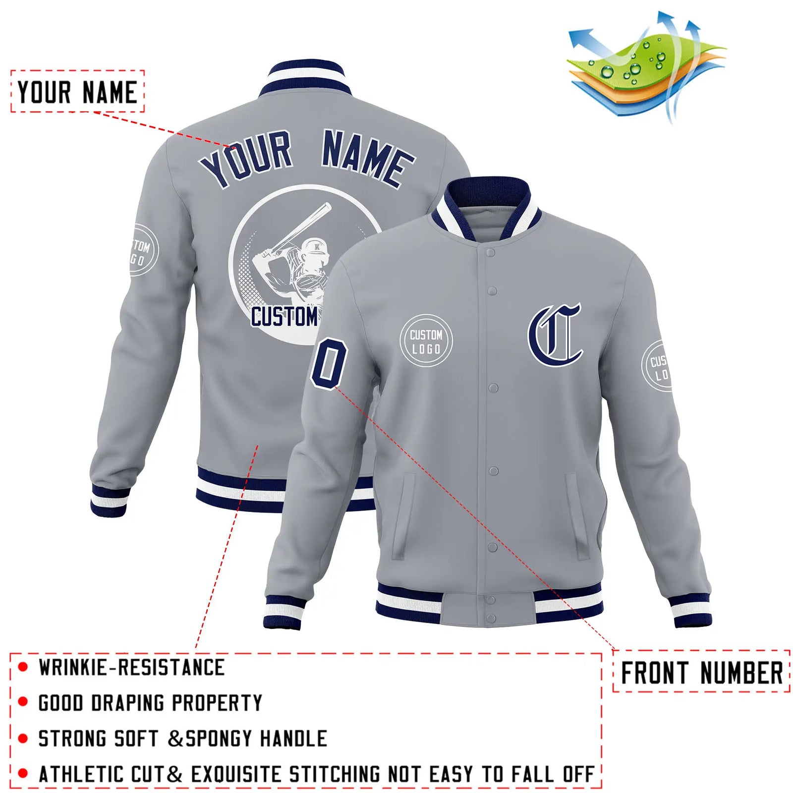 Custom Gray Navy-White Bomber Full-Snap Varsity Letterman Jacket