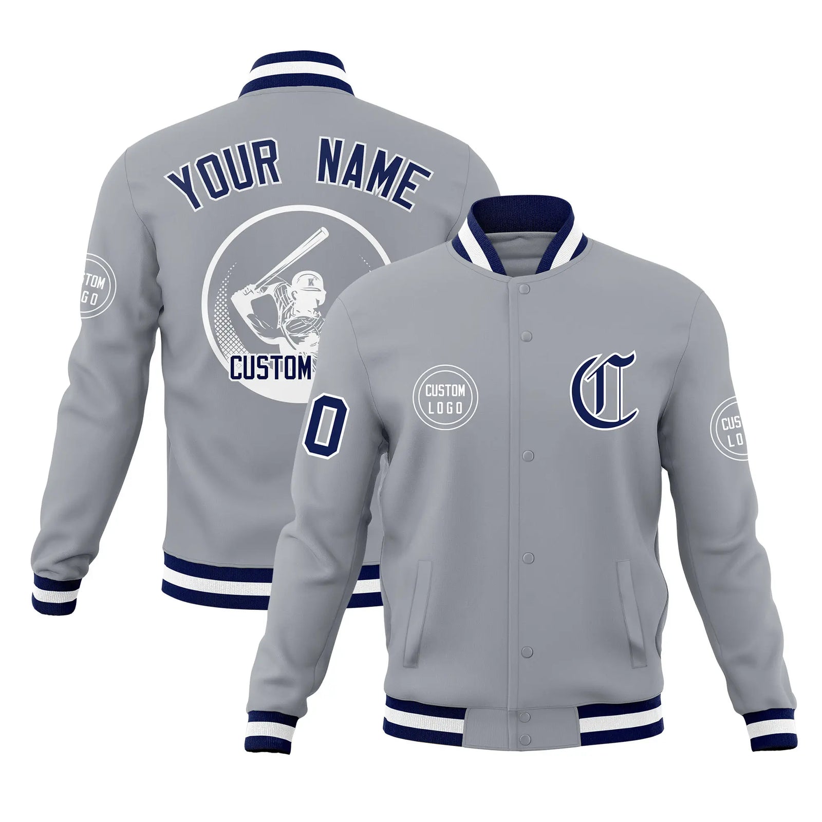 Custom Gray Navy-White Bomber Full-Snap Varsity Letterman Jacket