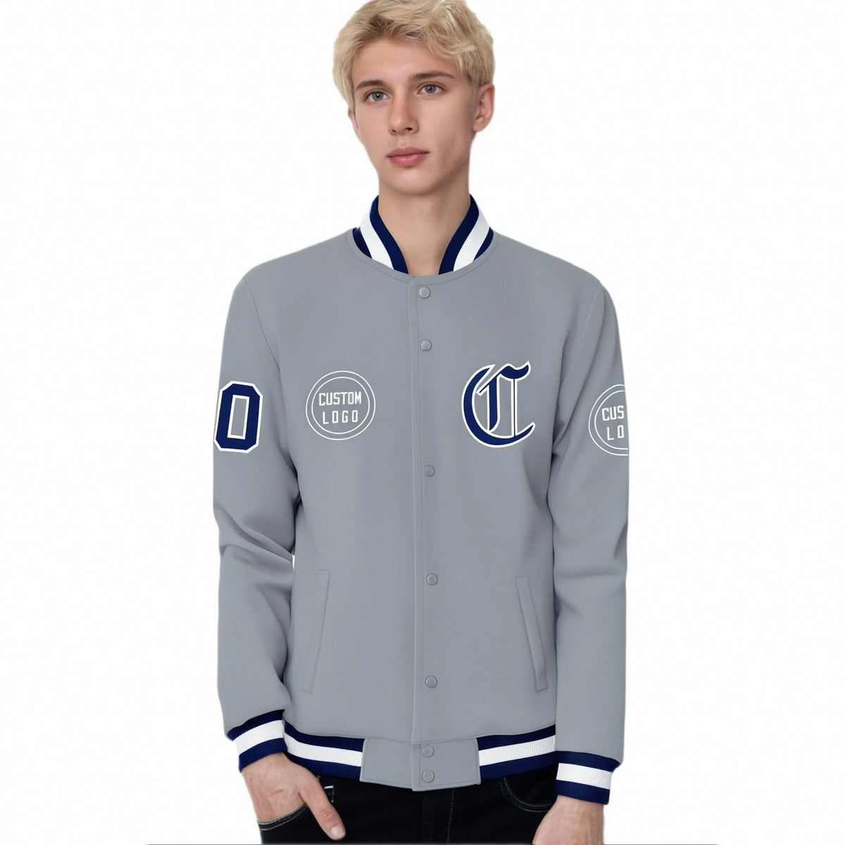 Custom Gray Navy-White Bomber Full-Snap Varsity Letterman Jacket