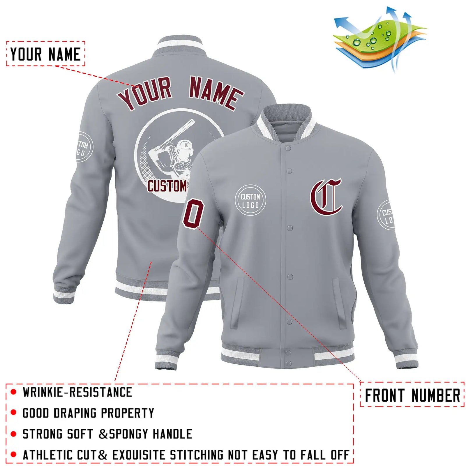 Custom Gray Gray-White Bomber Full-Snap Varsity Letterman Jacket