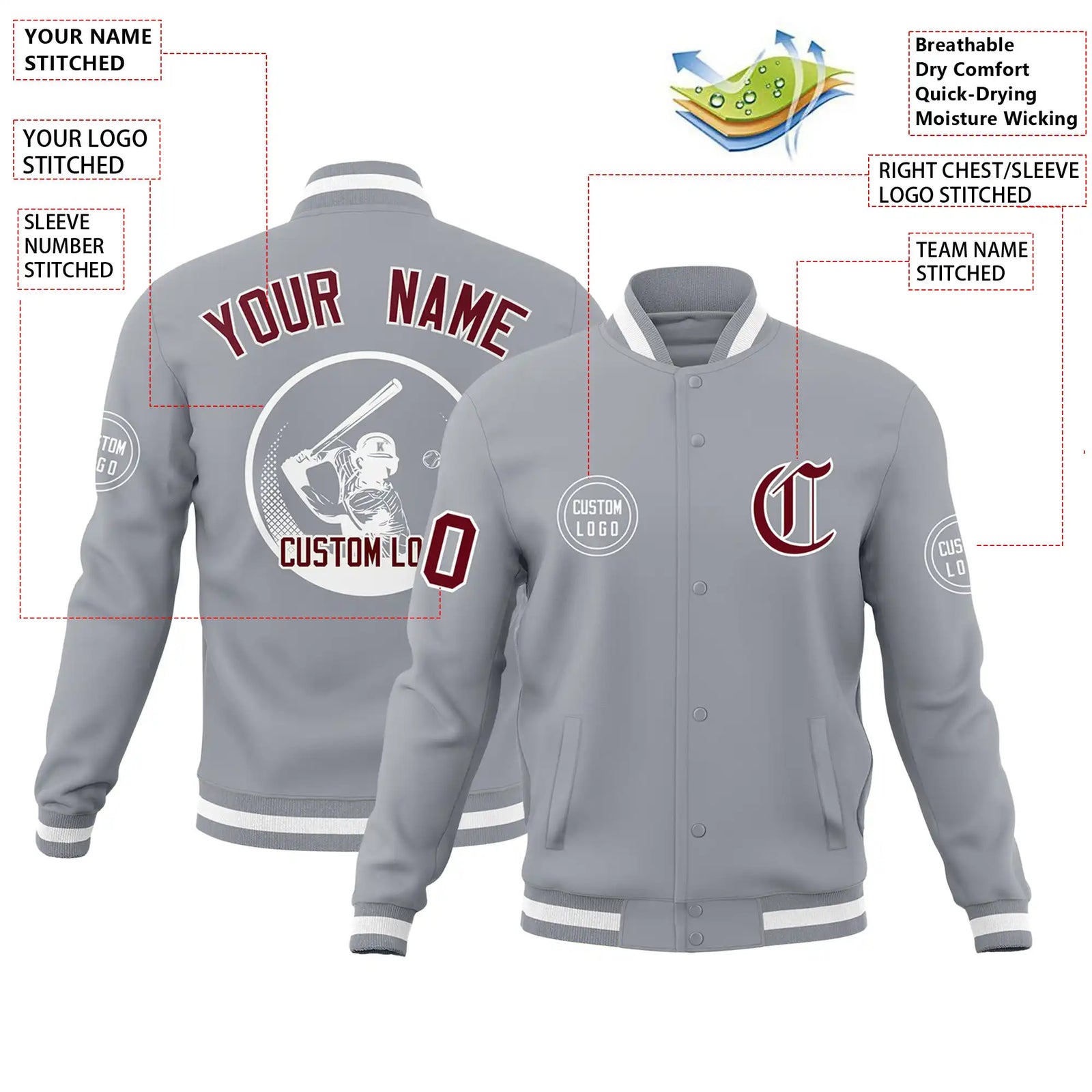 Custom Gray Gray-White Bomber Full-Snap Varsity Letterman Jacket
