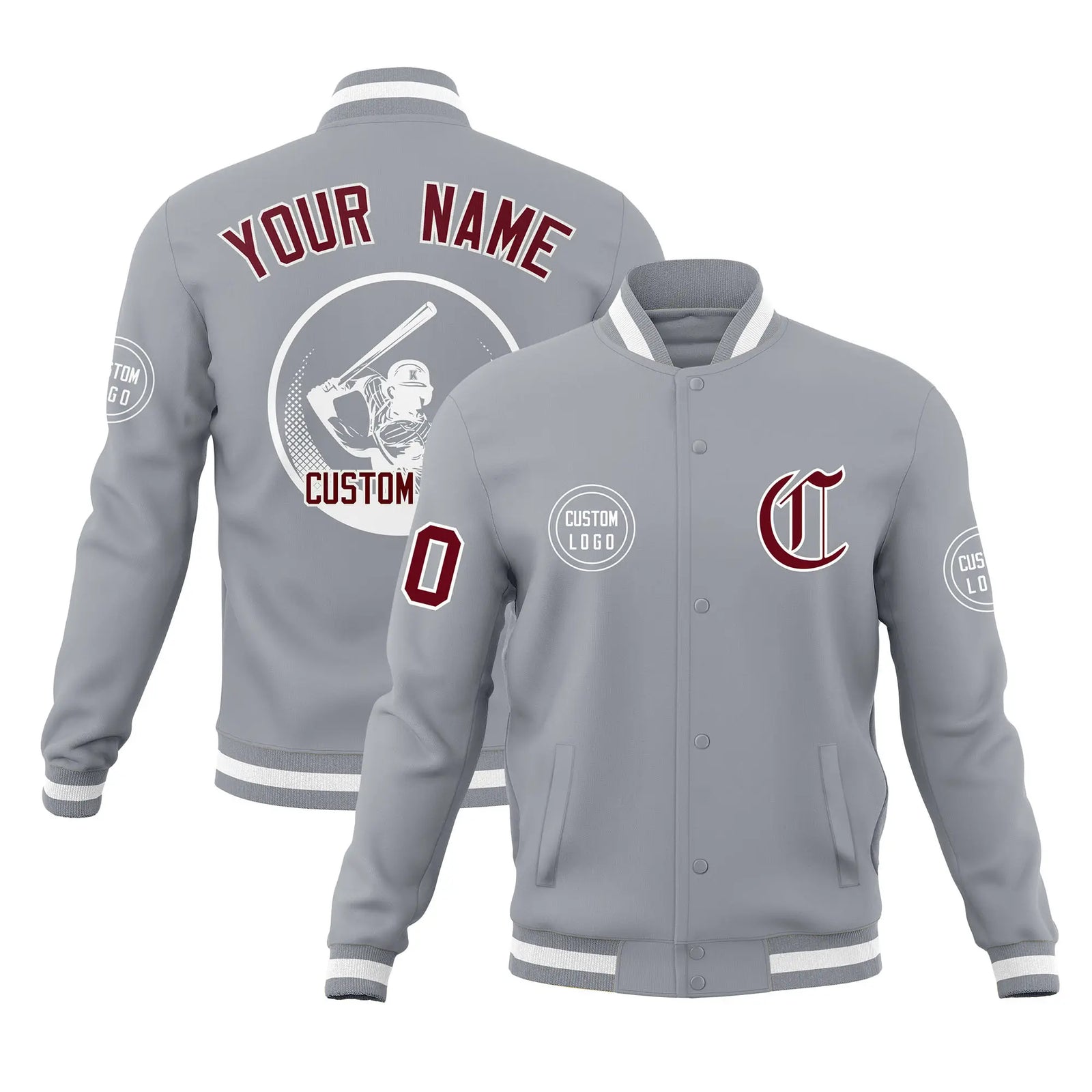 Custom Gray Gray-White Bomber Full-Snap Varsity Letterman Jacket
