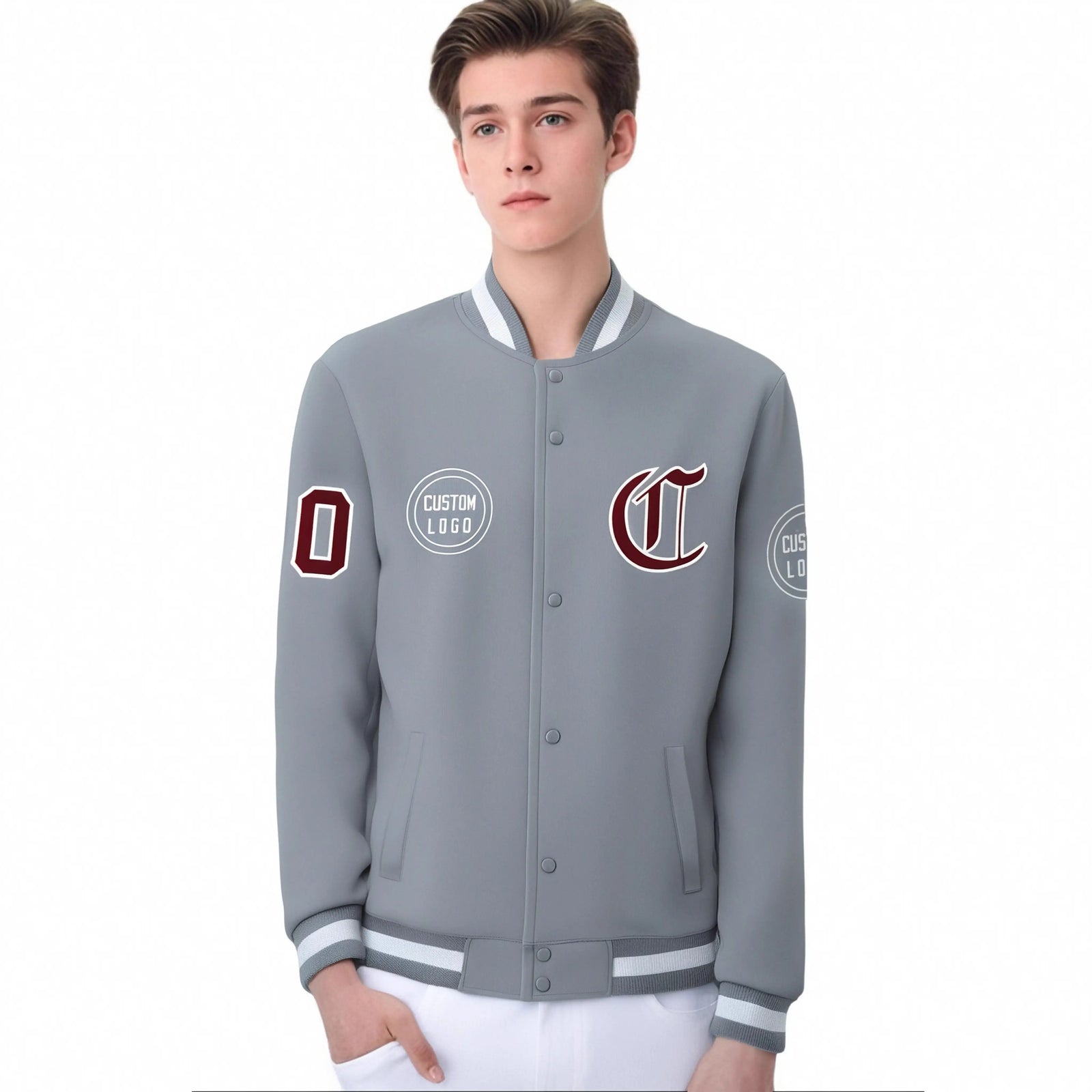 Custom Gray Gray-White Bomber Full-Snap Varsity Letterman Jacket