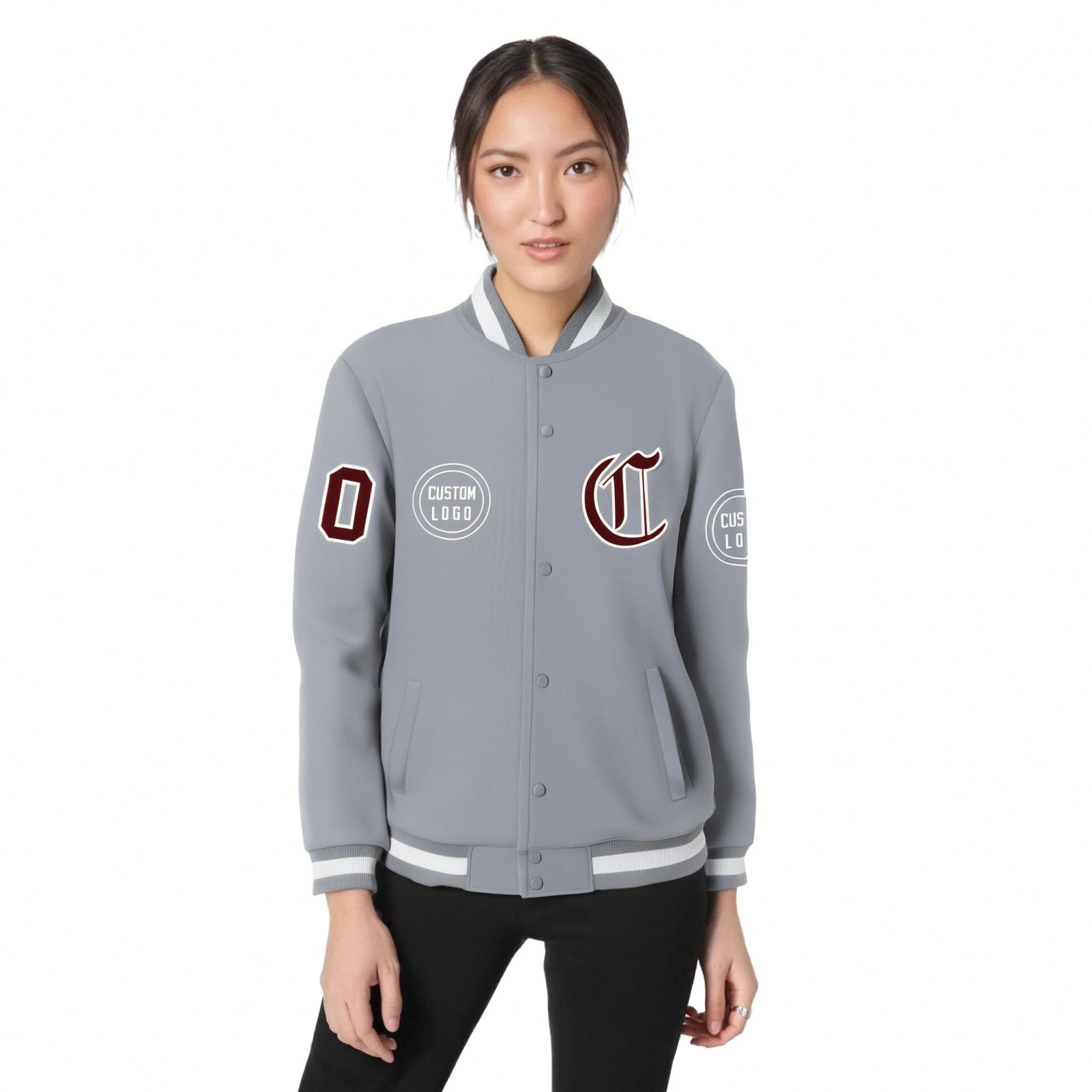 Custom Gray Gray-White Bomber Full-Snap Varsity Letterman Jacket