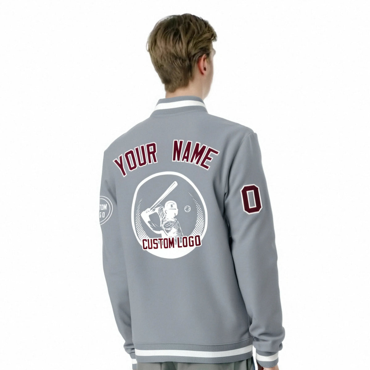 Custom Gray Gray-White Bomber Full-Snap Varsity Letterman Jacket