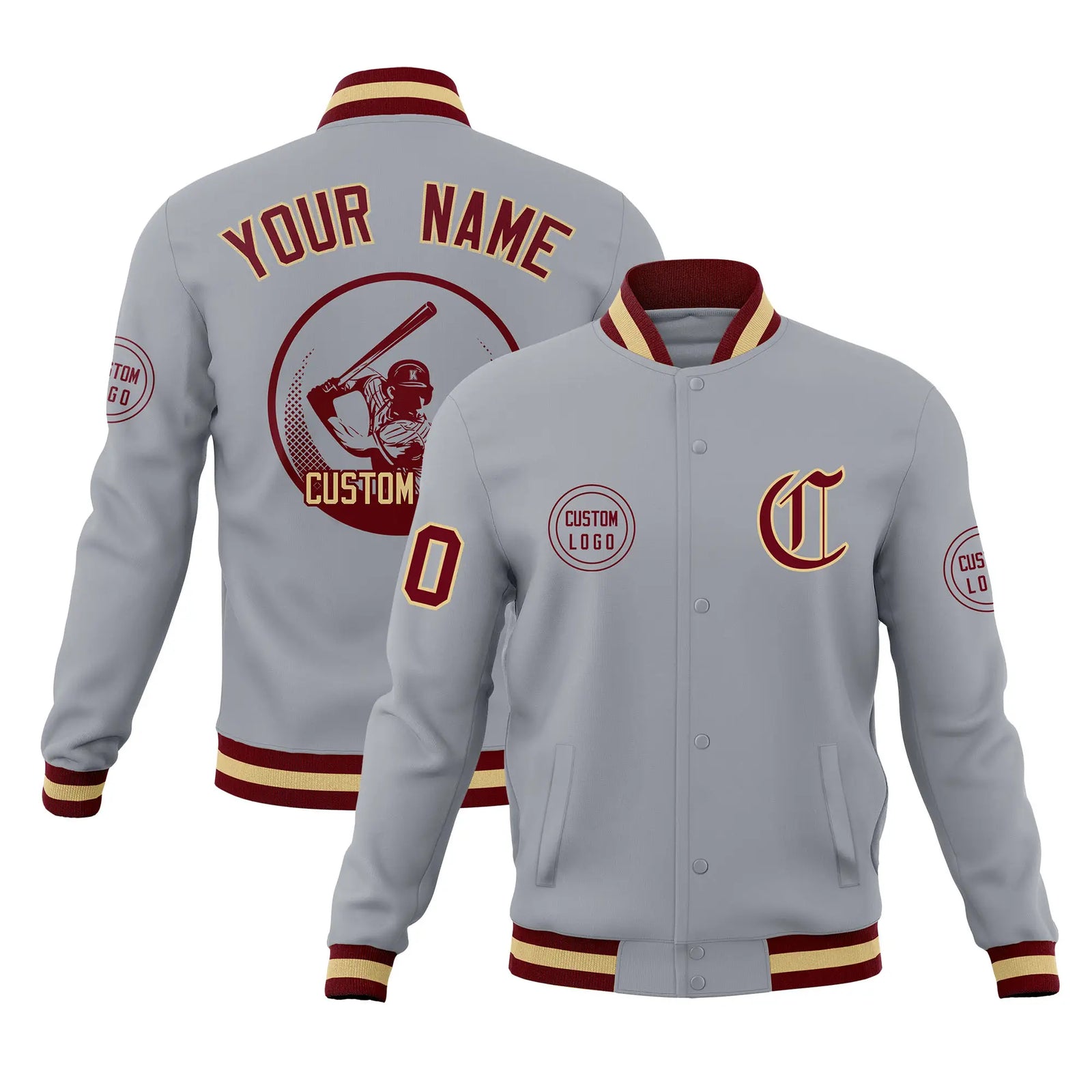 Custom Gray Crimson-Yellow Bomber Full-Snap Varsity Letterman Jacket