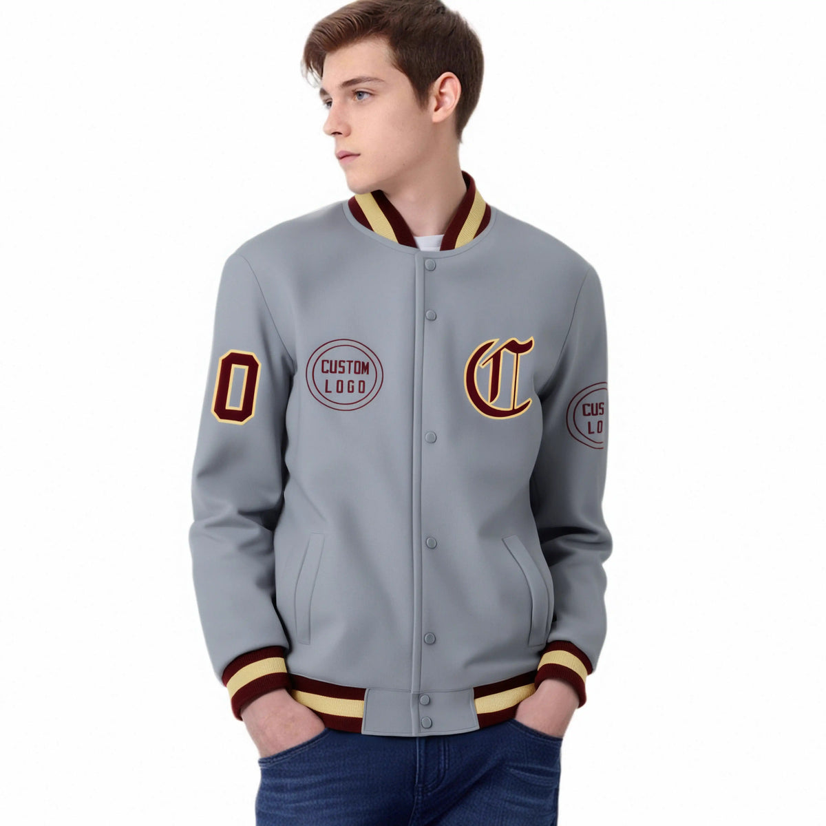 Custom Gray Crimson-Yellow Bomber Full-Snap Varsity Letterman Jacket