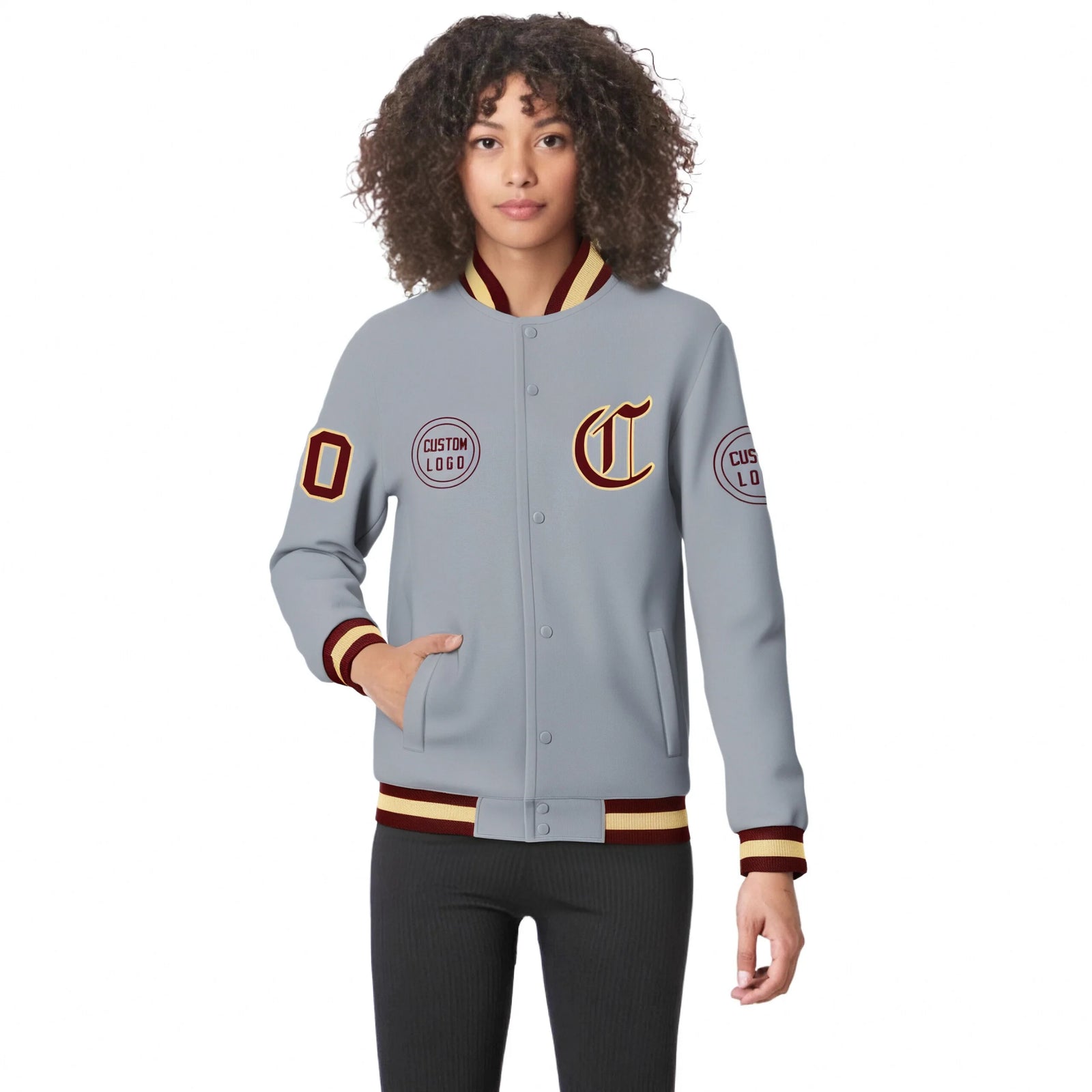 Custom Gray Crimson-Yellow Bomber Full-Snap Varsity Letterman Jacket