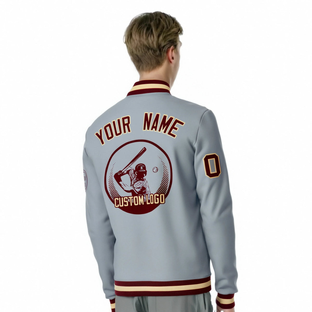 Custom Gray Crimson-Yellow Bomber Full-Snap Varsity Letterman Jacket