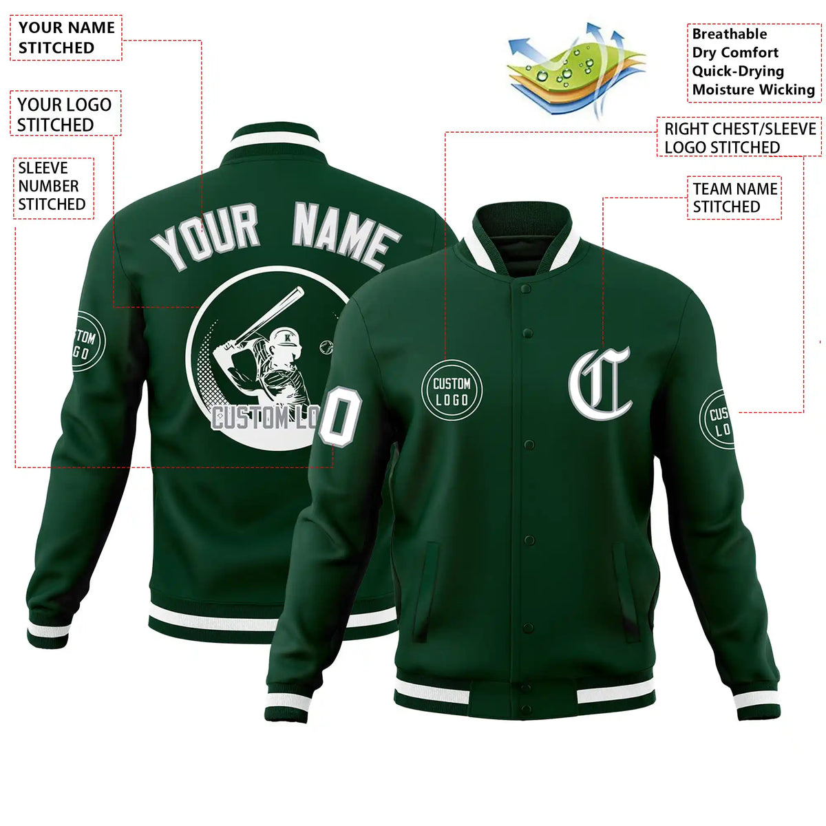 Custom Green Black-White Bomber Full-Snap Varsity Letterman Jacket