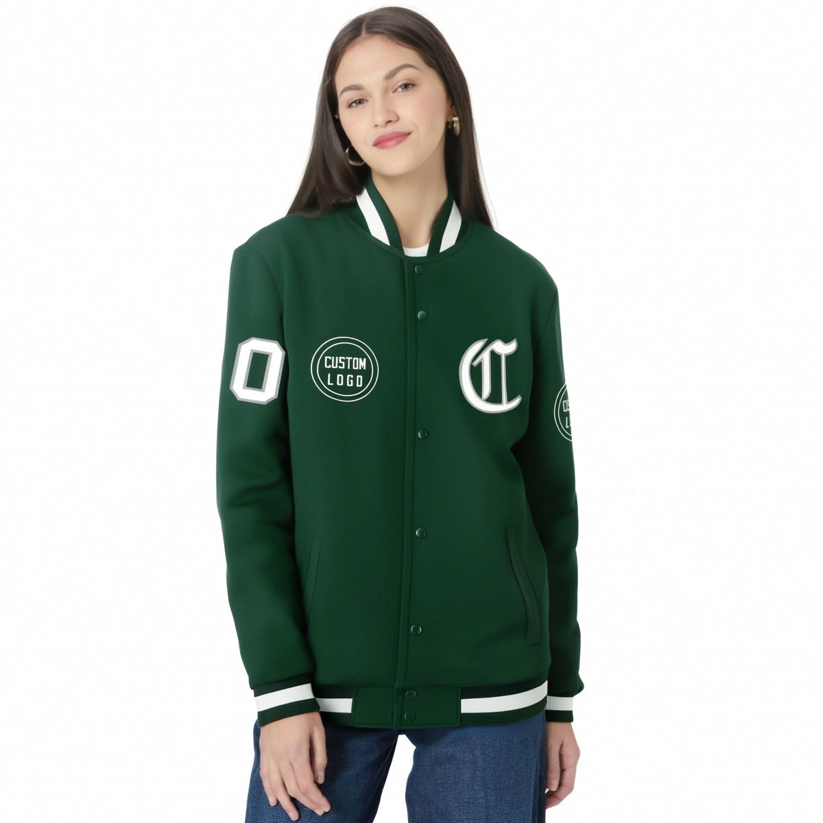 Custom Green Black-White Bomber Full-Snap Varsity Letterman Jacket
