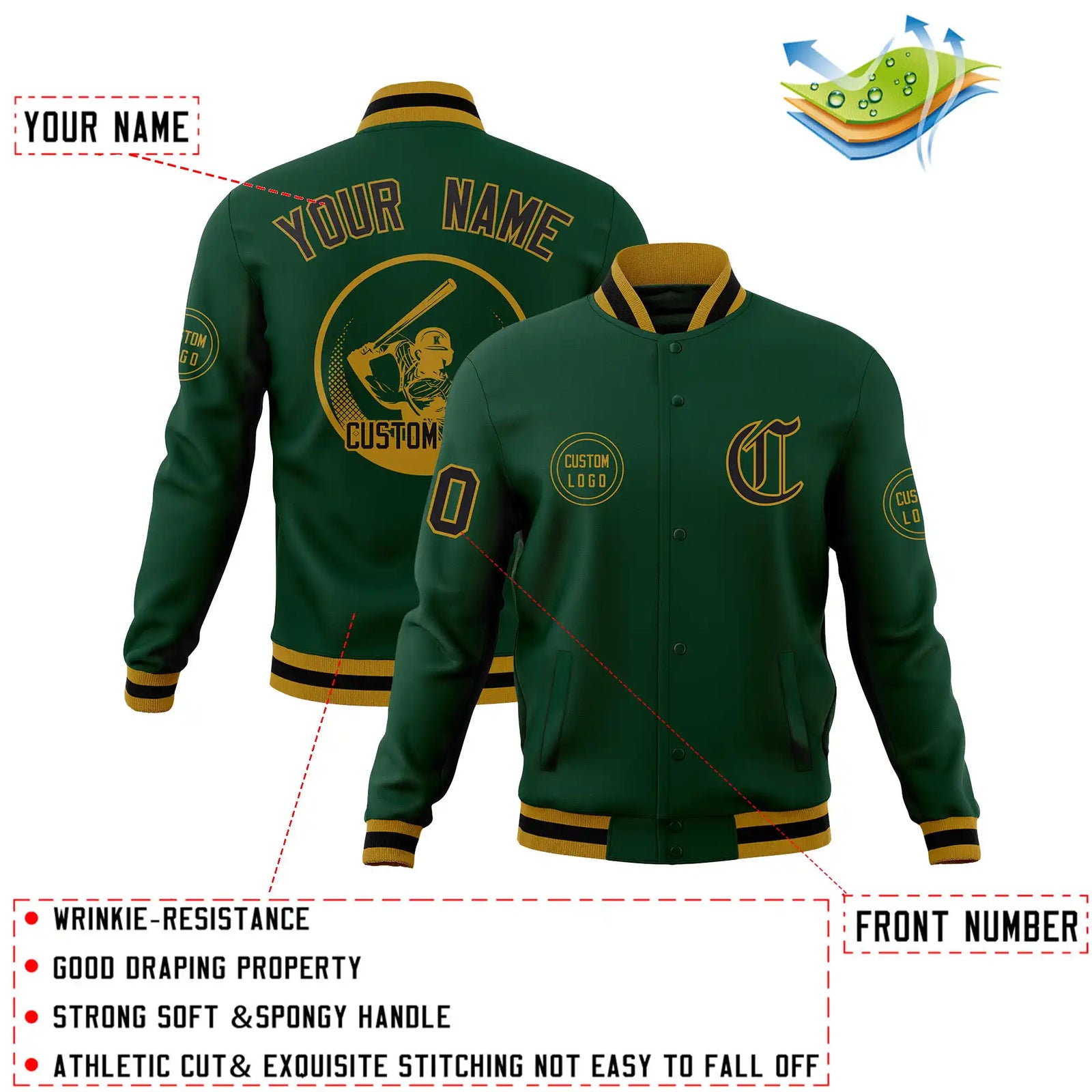 Custom Green Black-Old Gold Bomber Full-Snap Varsity Letterman Jacket