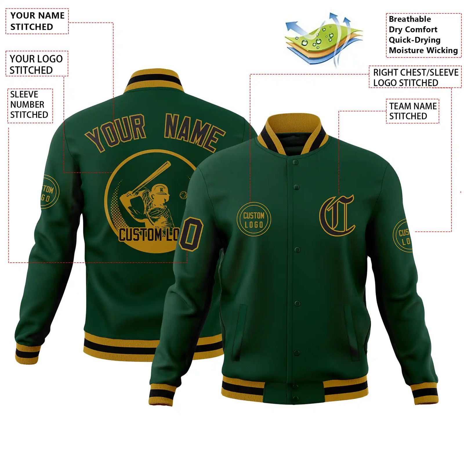 Custom Green Black-Old Gold Bomber Full-Snap Varsity Letterman Jacket