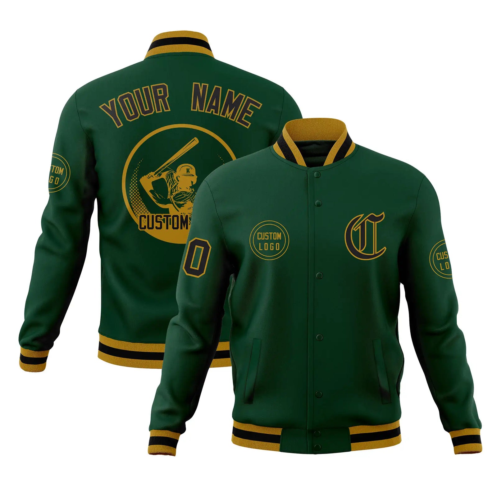 Custom Green Black-Old Gold Bomber Full-Snap Varsity Letterman Jacket