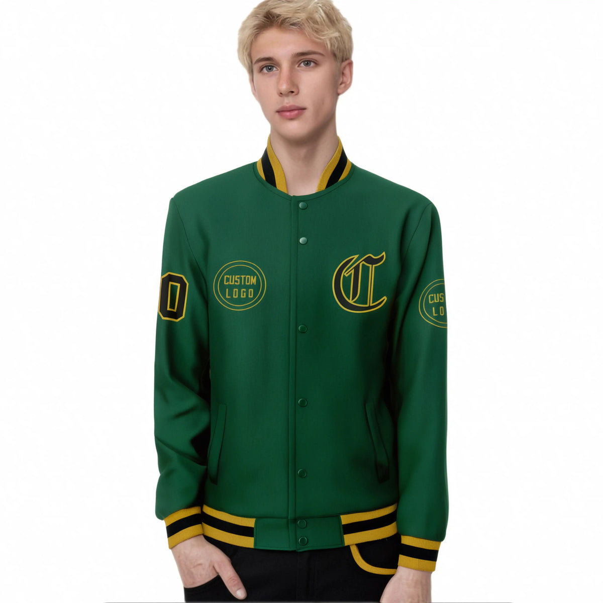 Custom Green Black-Old Gold Bomber Full-Snap Varsity Letterman Jacket