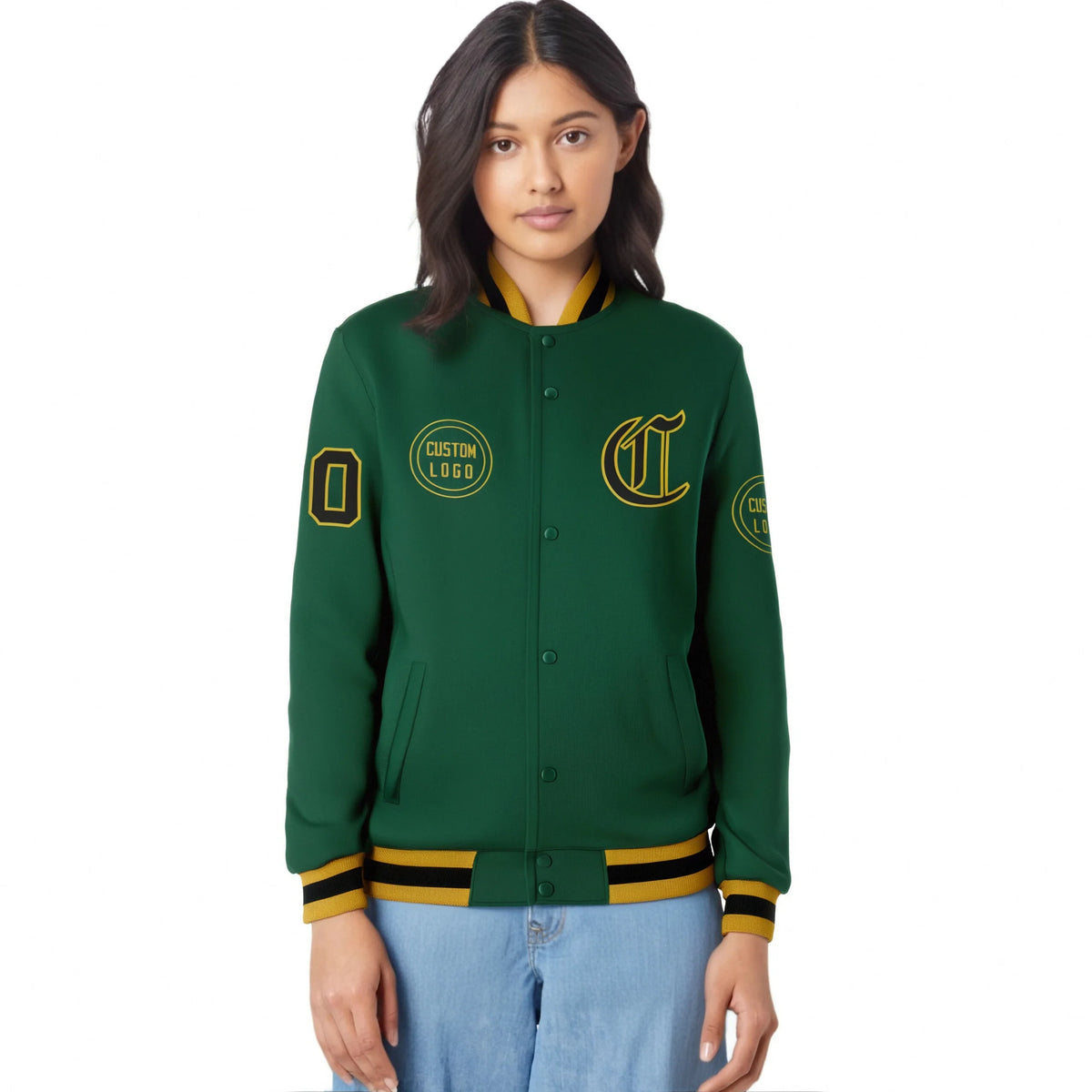 Custom Green Black-Old Gold Bomber Full-Snap Varsity Letterman Jacket