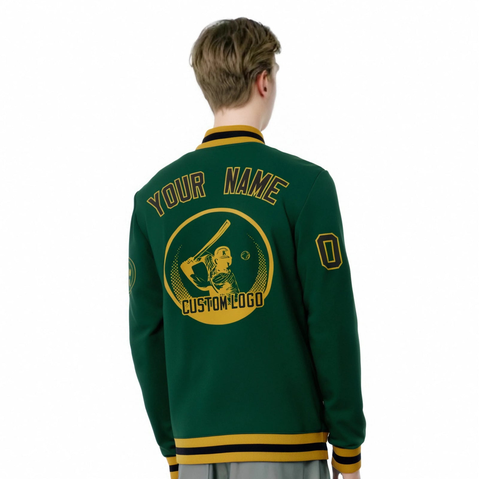 Custom Green Black-Old Gold Bomber Full-Snap Varsity Letterman Jacket