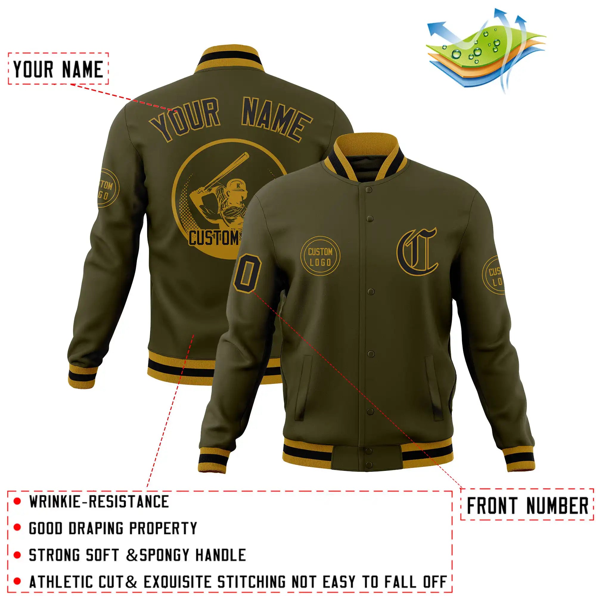 Custom Olive Black-Old Gold Bomber Full-Snap Varsity Letterman Jacket