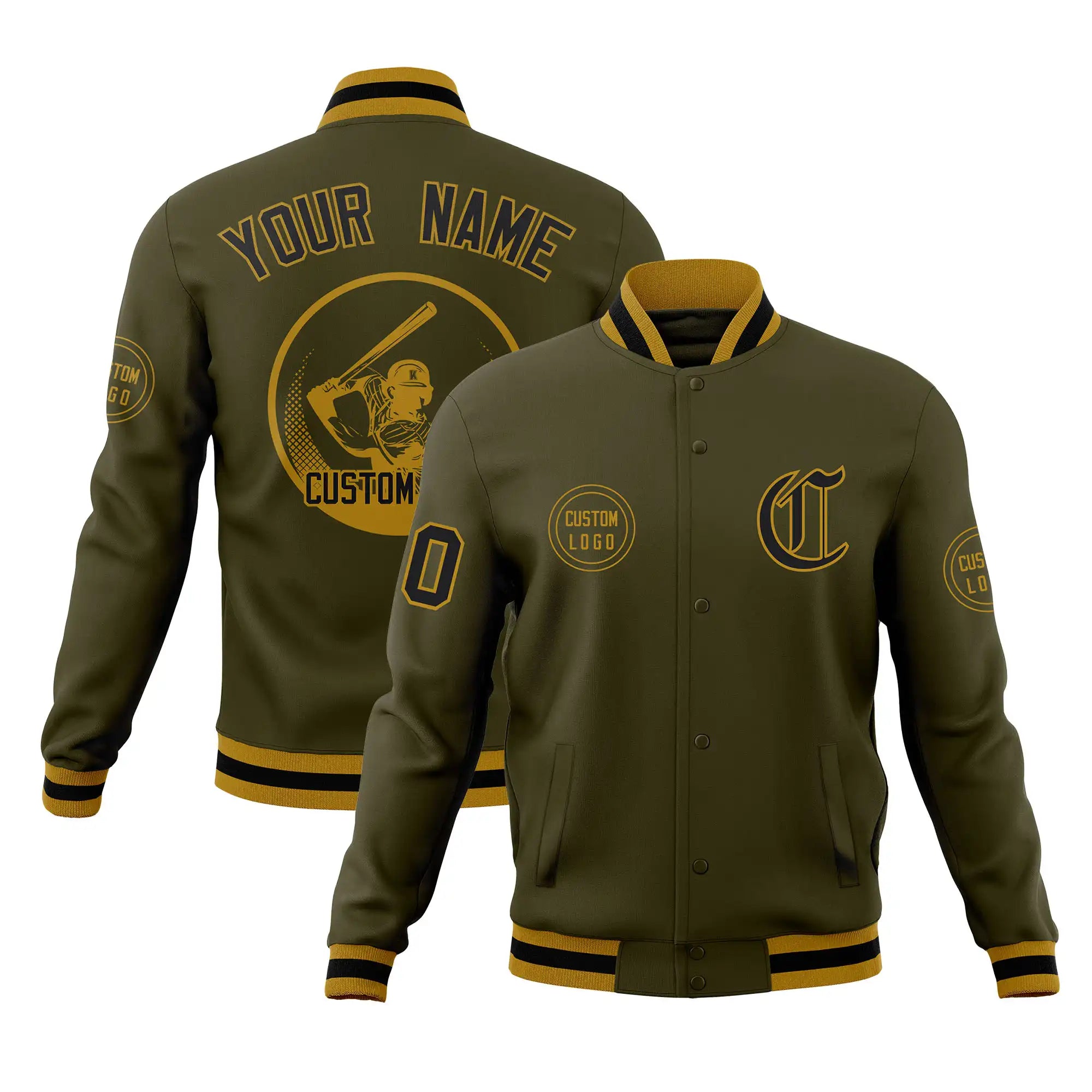 Custom Olive Black-Old Gold Bomber Full-Snap Varsity Letterman Jacket