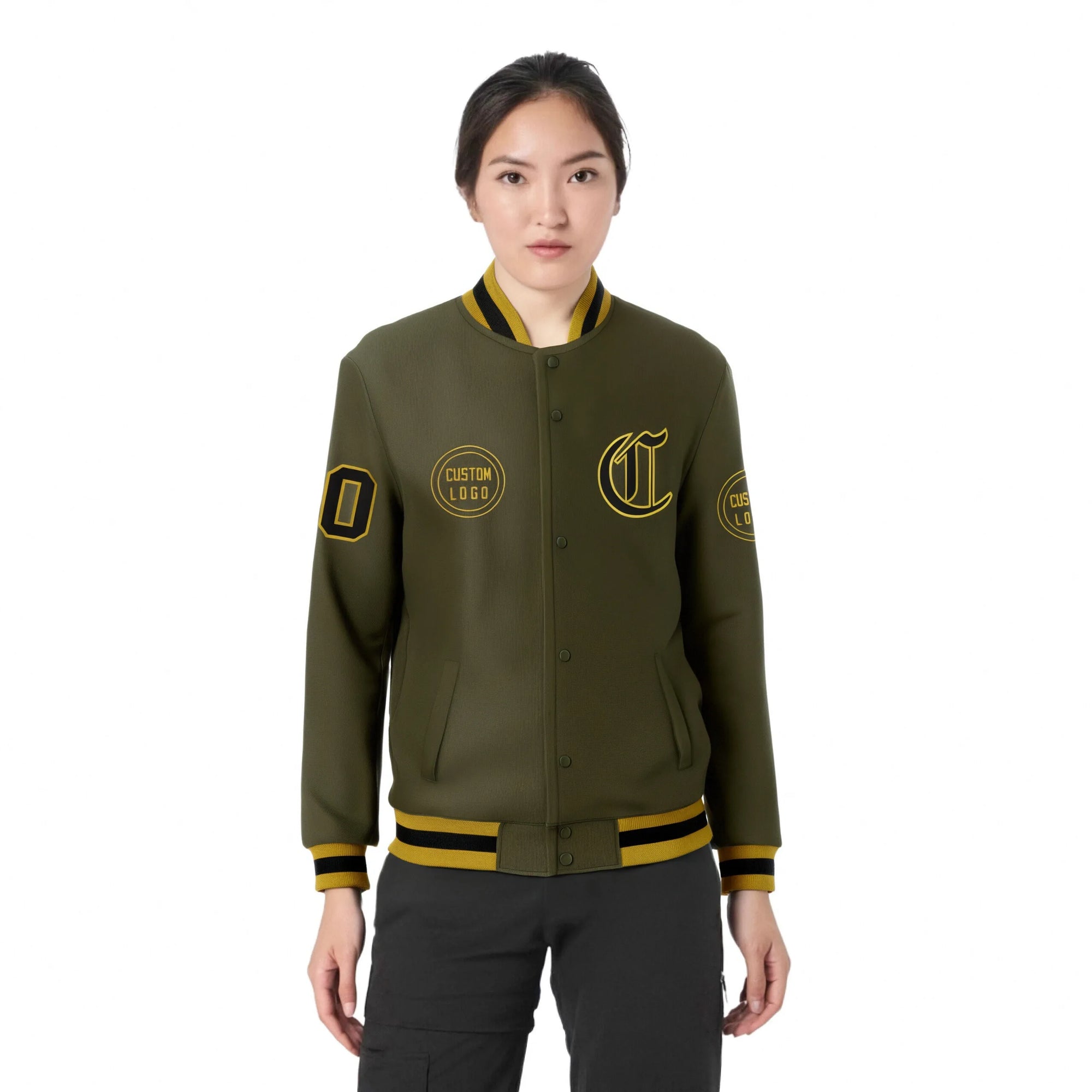 Custom Olive Black-Old Gold Bomber Full-Snap Varsity Letterman Jacket