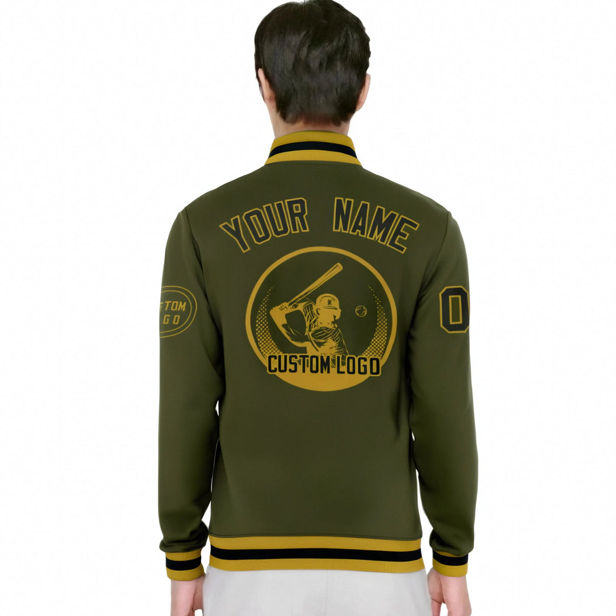 Custom Olive Black-Old Gold Bomber Full-Snap Varsity Letterman Jacket