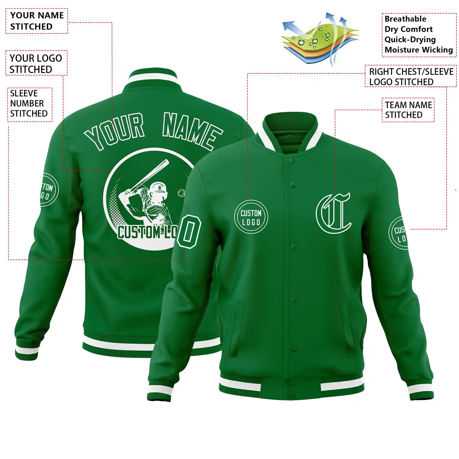 Custom Kelly Green Kelly Green-White Bomber Full-Snap Varsity Letterman Jacket