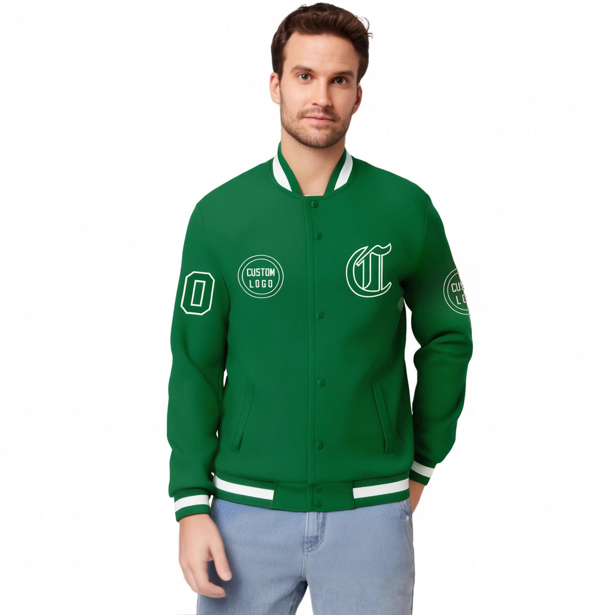 Custom Kelly Green Kelly Green-White Bomber Full-Snap Varsity Letterman Jacket