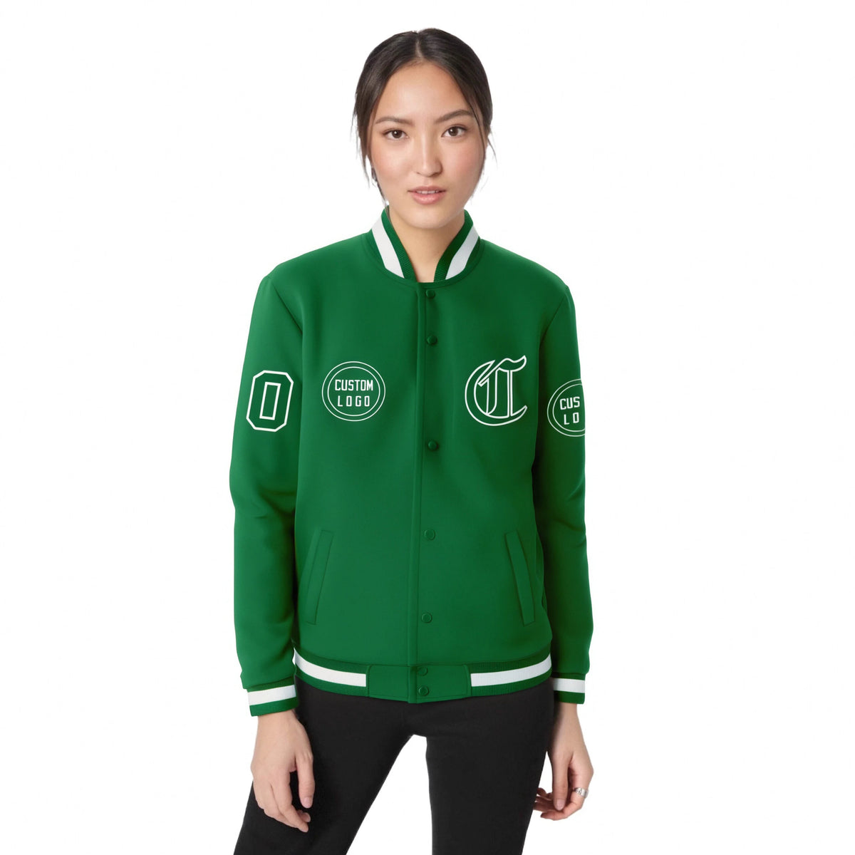 Custom Kelly Green Kelly Green-White Bomber Full-Snap Varsity Letterman Jacket