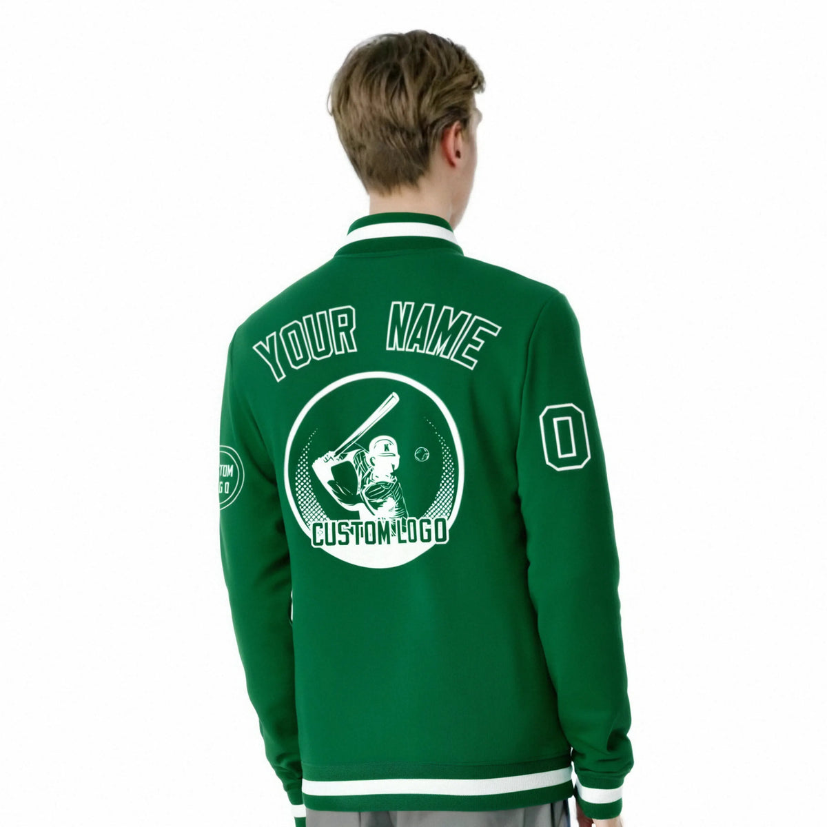 Custom Kelly Green Kelly Green-White Bomber Full-Snap Varsity Letterman Jacket