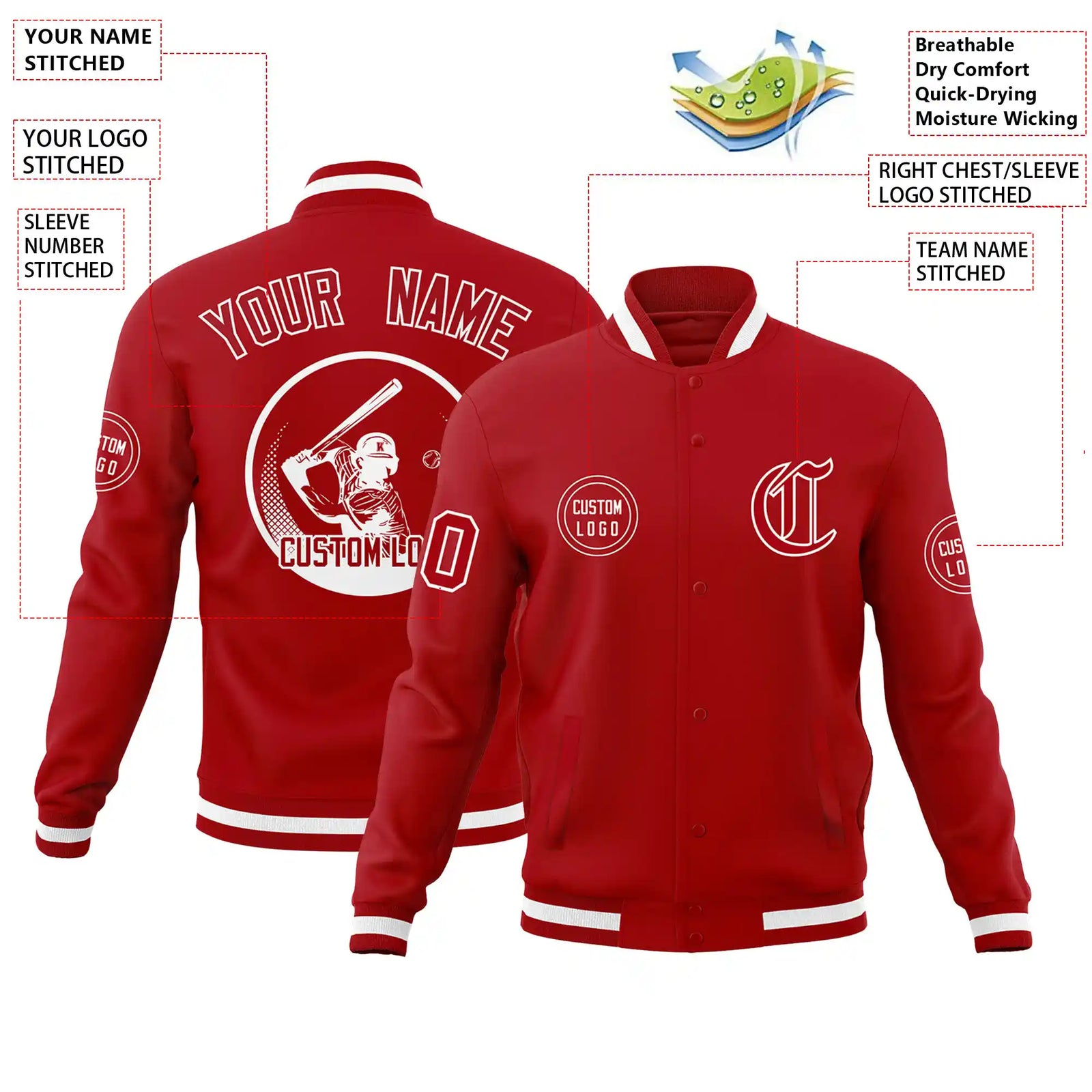 Custom Red Red-White Bomber Full-Snap Varsity Letterman Jacket