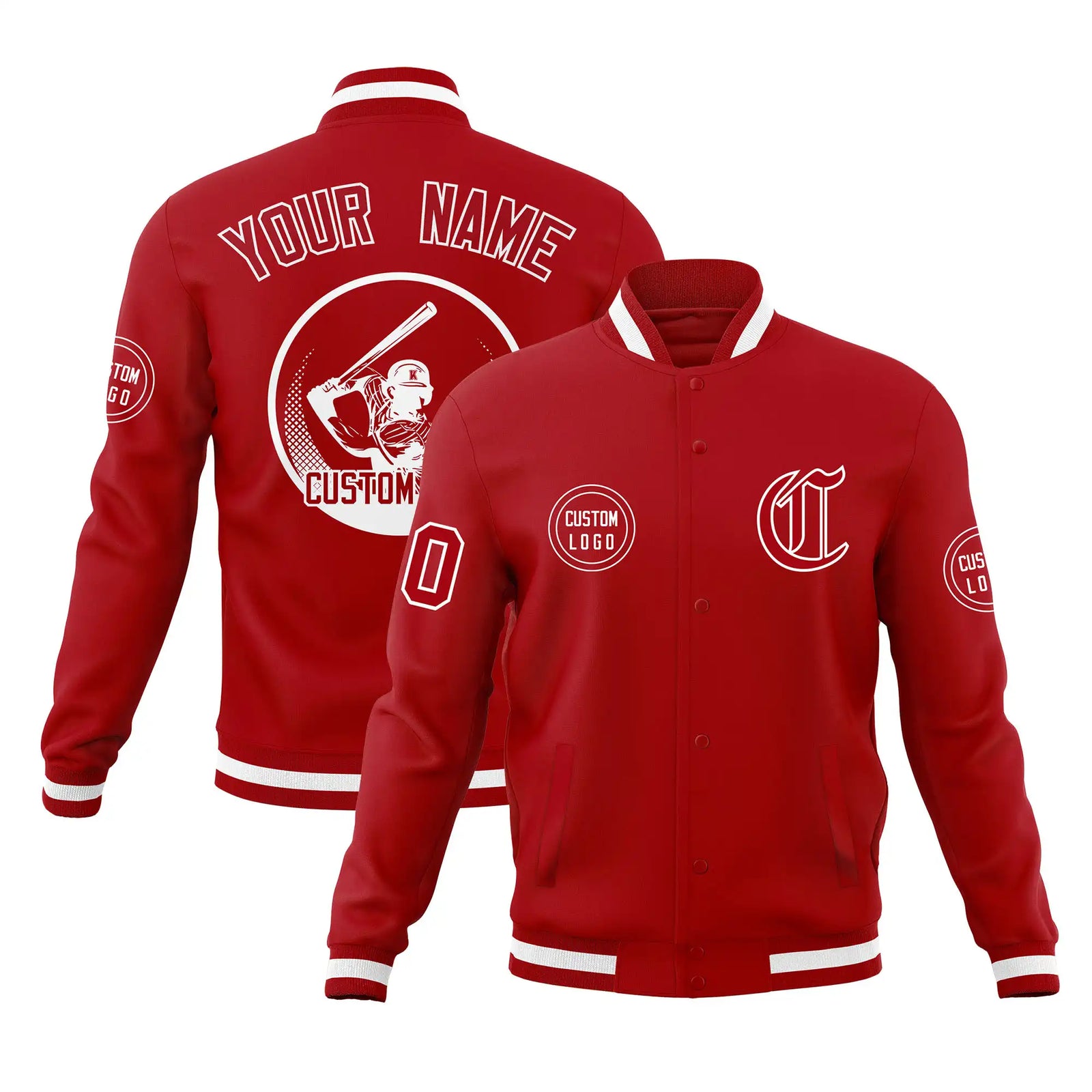 Custom Red Red-White Bomber Full-Snap Varsity Letterman Jacket