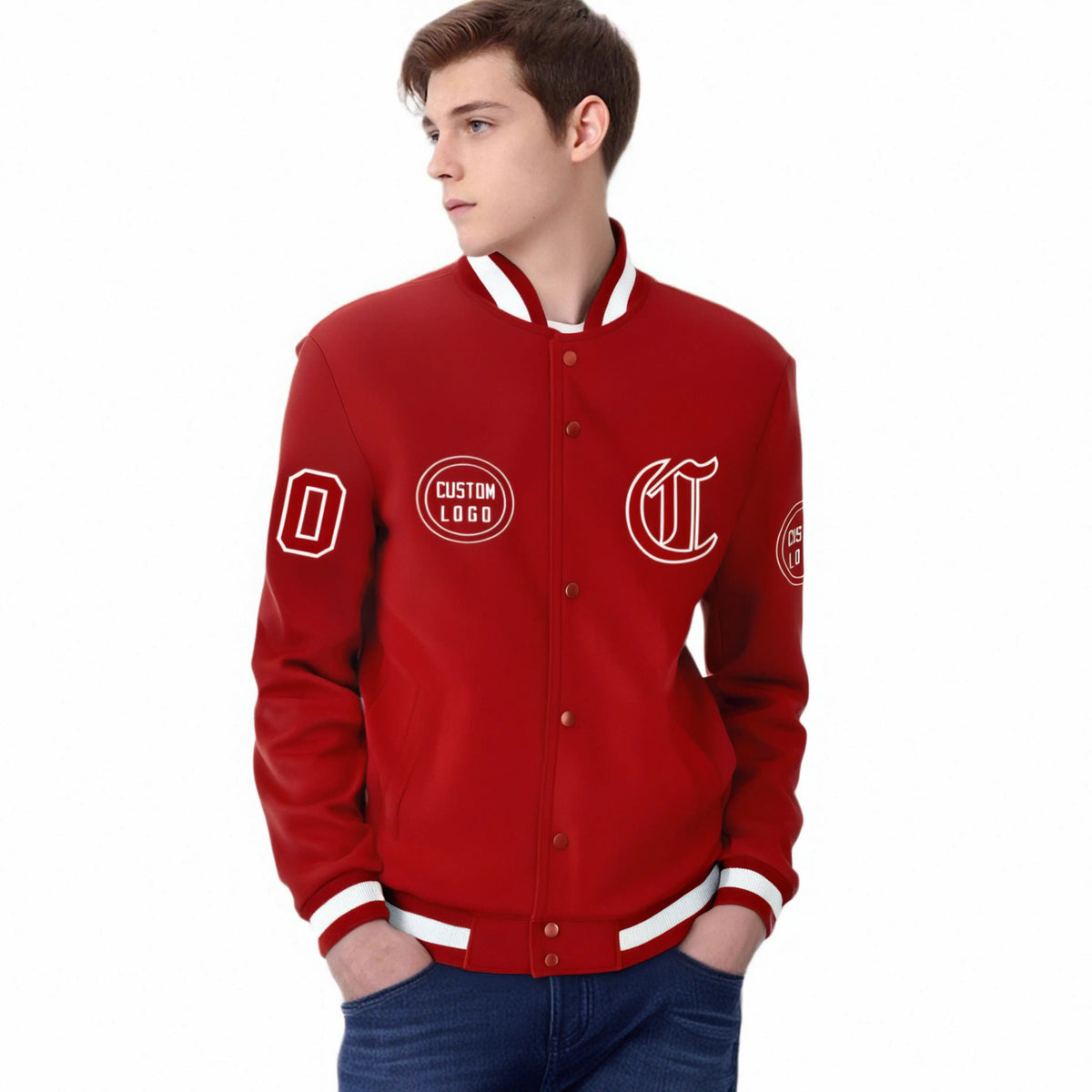 Custom Red Red-White Bomber Full-Snap Varsity Letterman Jacket