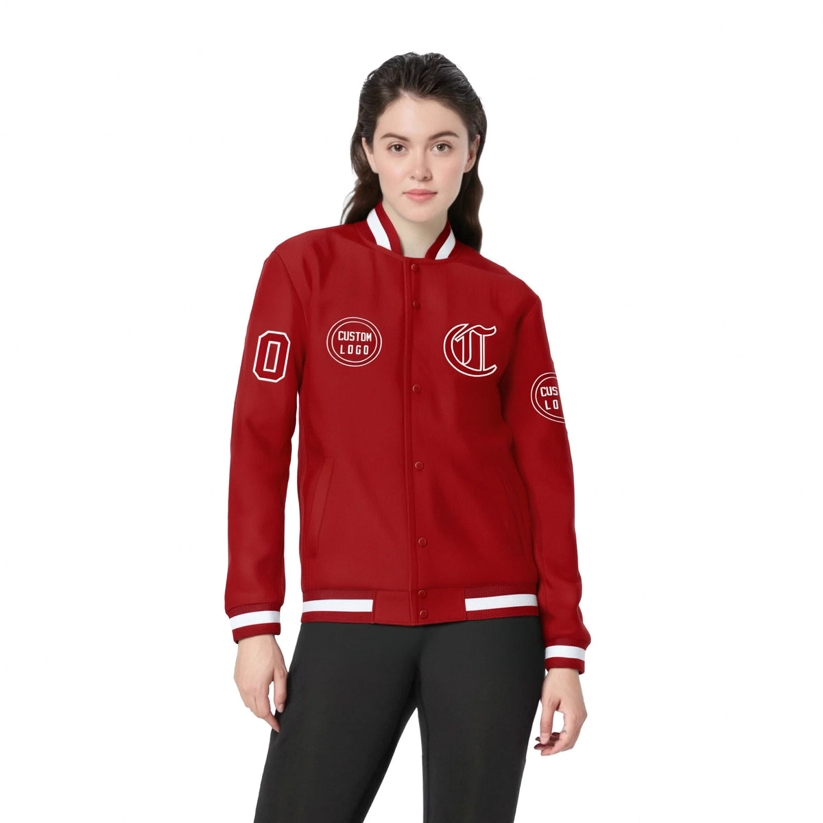 Custom Red Red-White Bomber Full-Snap Varsity Letterman Jacket