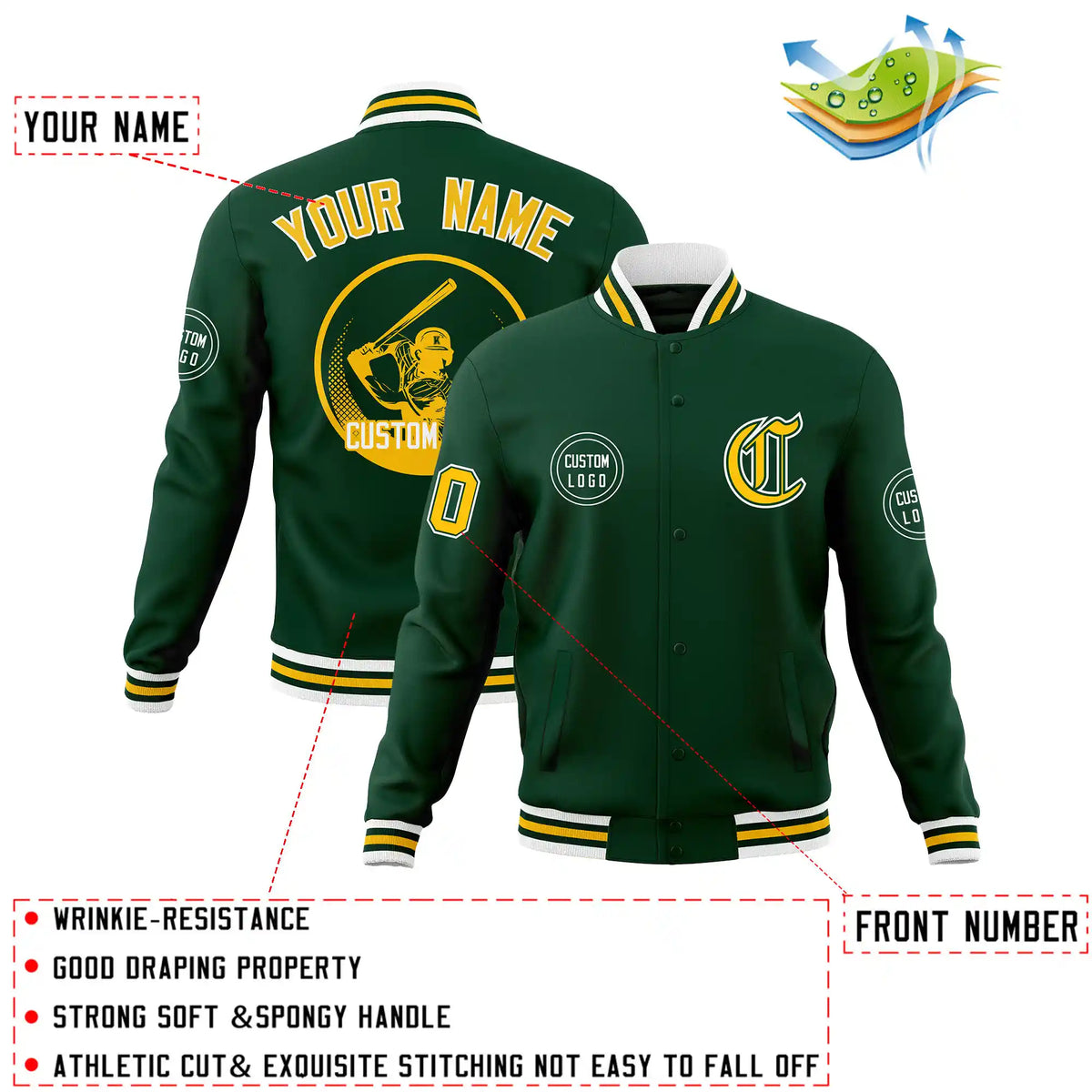 Custom Green Yellow-White Bomber Full-Snap Varsity Letterman Jacket