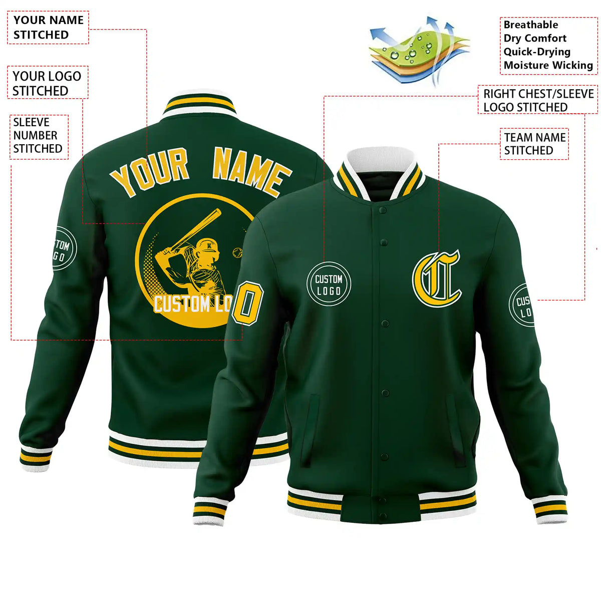 Custom Green Yellow-White Bomber Full-Snap Varsity Letterman Jacket